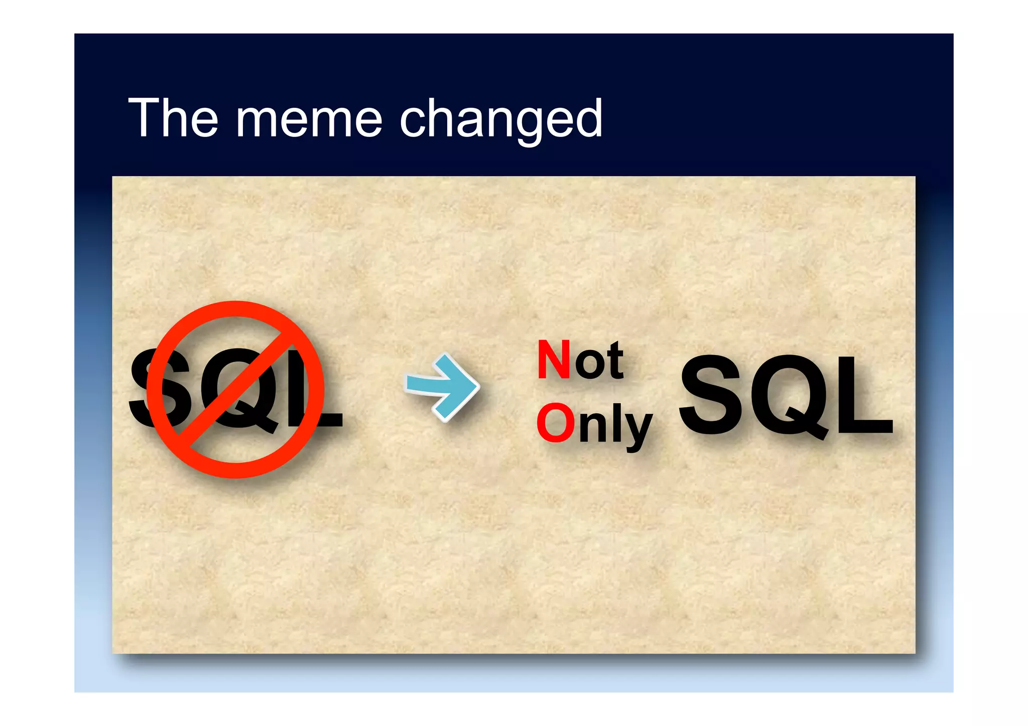 History in No-tation
1970: NoSQL = We have no SQL
1980: NoSQL = Know SQL
2000: NoSQL = No SQL!
2005: NoSQL = Not only SQL
2013: NoSQL = No, SQL!
Source: “Perception is Key: Telescopes, Microscopes and Data” Mark Madsen (2013)
 