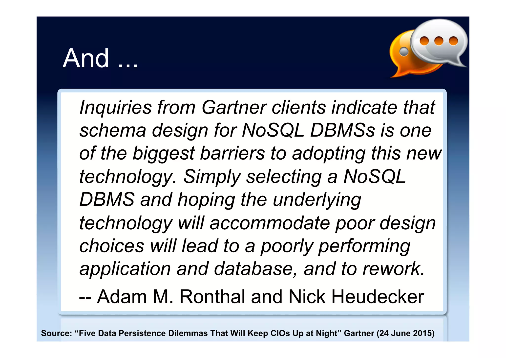 But ...
We started using mongo early 2009, and
even just one year out it feels so much
more painful to maintain than our Postgres
or MySQL systems that have been around
since 1999! My theory is that NoSQL
sacrifices maintenance and future
development effort for the sake of startup
development.
-- Luke Crouch
Source: “quick blurb on NoSQL” Luke Crouch (24 May 2010)
 