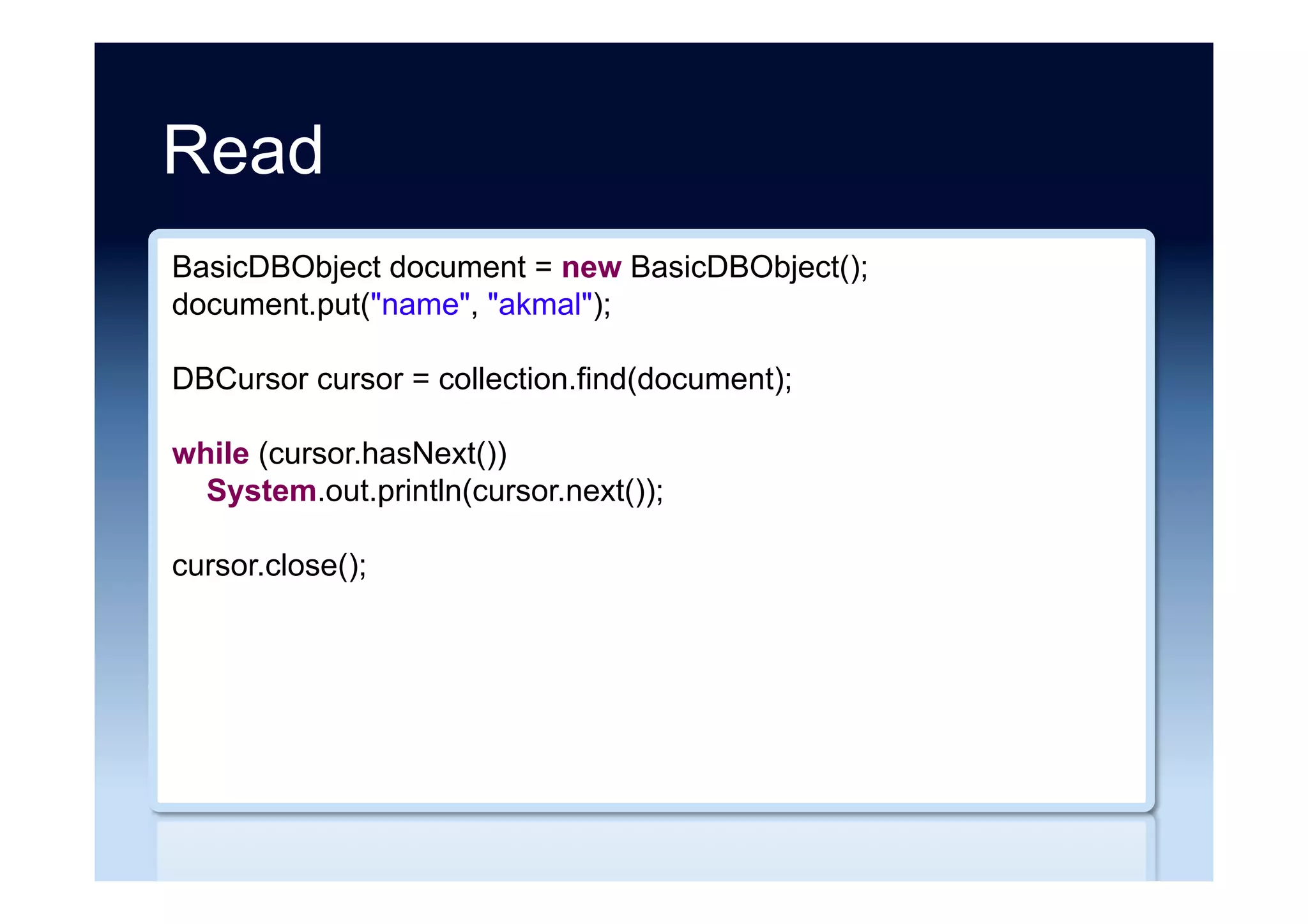 Key-Value store
•  Simplest NoSQL stores, provide low-latency
writes but single key/value access
•  Store data as a hash table of keys where every
key maps to an opaque binary object
•  Easily scale across many machines
•  Use-cases: applications that require massive
amounts of simple data (sensor, web
operations), applications that require rapidly
changing data (stock quotes), caching
 