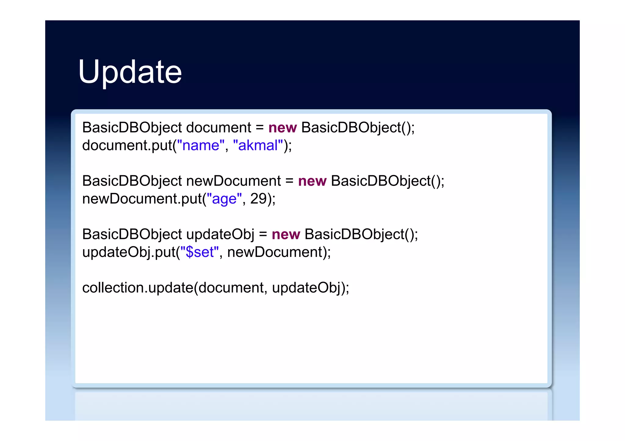 Redis and Riak examples
{
database number: {
"key 1": "value",
"key 2": [ "value", "value",
"value" ],
"key 3": [
{ "value": "value", "score":
score },
{ "value": "value", "score":
score },
...
],
"key 4": {
"property 1": "value",
"property 2": "value",
"property 3": "value", ...
}, ...
}
}
{
"bucket 1": {
"key 1": document + content-type,
"key 2": document + content-type,
"link to another object 1": URI of
other bucket/key,
"link to another object 2": URI of
other bucket/key,
},
"bucket 2": {
"key 3": document + content-type,
"key 4": document + content-type,
"key 5": document + content-type
...
}, ...
}
Source: Frank Denis, used with permission
 