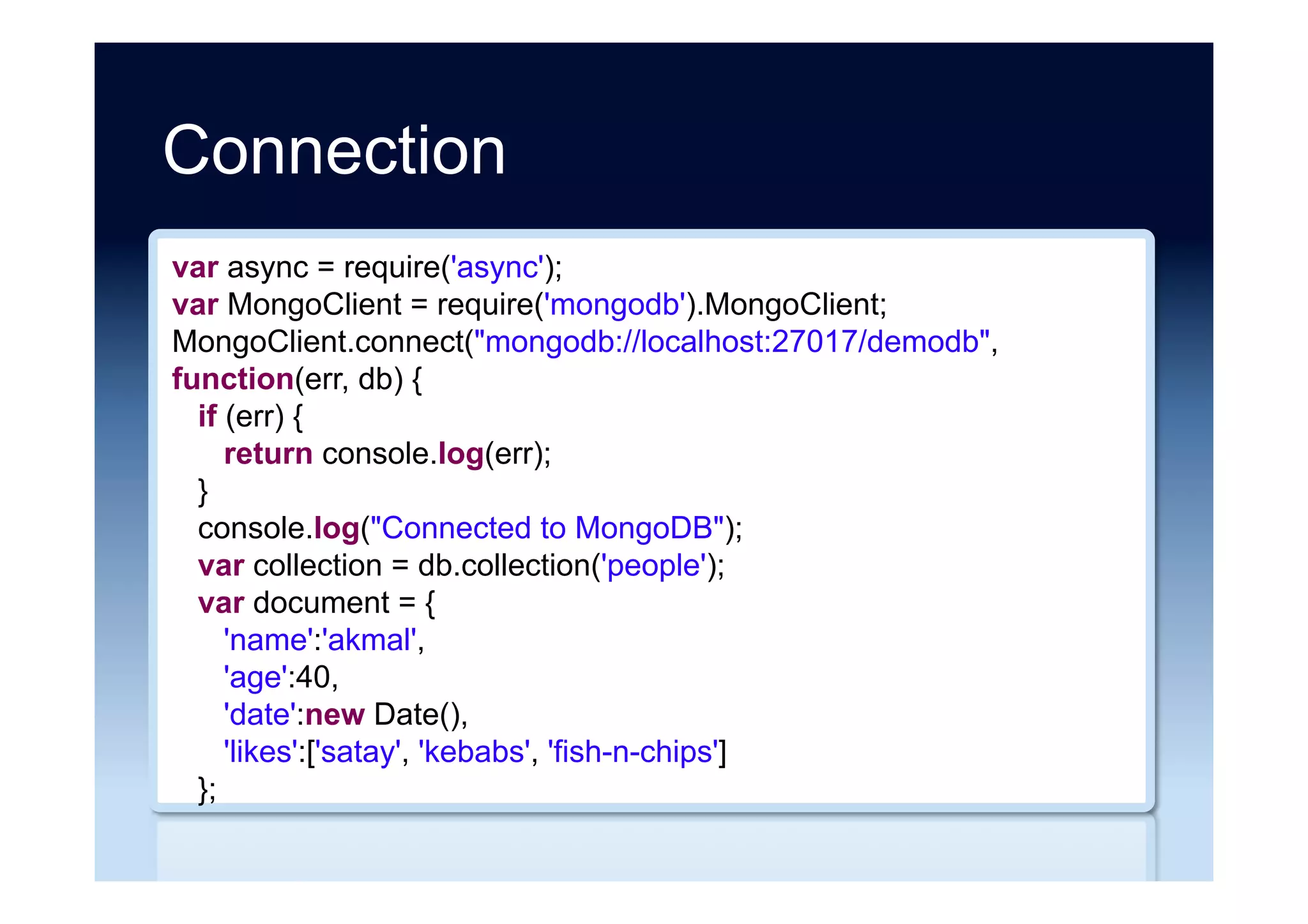 Create
String id = Long.toString(j.incr("global:nextUserId"));
j.set("uid:" + id + ":name", "akmal");
j.set("uid:" + id + ":age", "40");
j.set("uid:" + id + ":date", new Date().toString());
j.sadd("uid:" + id + ":likes", "satay");
j.sadd("uid:" + id + ":likes", "kebabs");
j.sadd("uid:" + id + ":likes", "fish-n-chips");
j.hset("uid:lookup:name", "akmal", id);
 