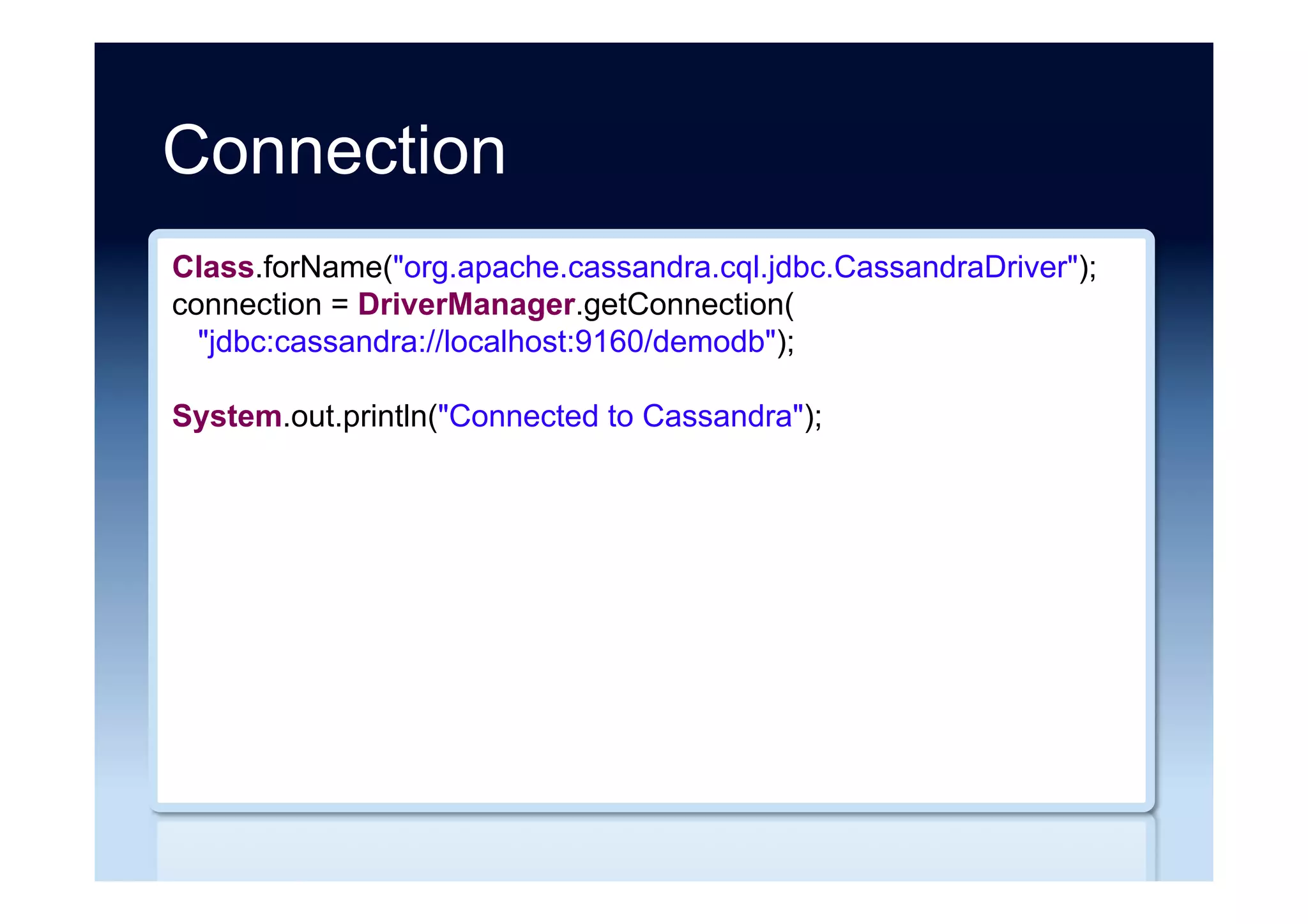 Create
String query =
"BEGIN BATCHn" +
"INSERT INTO people (name, age, date, likes) VALUES ('akmal', 40, '"
+ new Date() +
"', {'satay', 'kebabs', 'fish-n-chips'})n" +
"APPLY BATCH;";
Statement statement = connection.createStatement();
statement.executeUpdate(query);
statement.close();
 