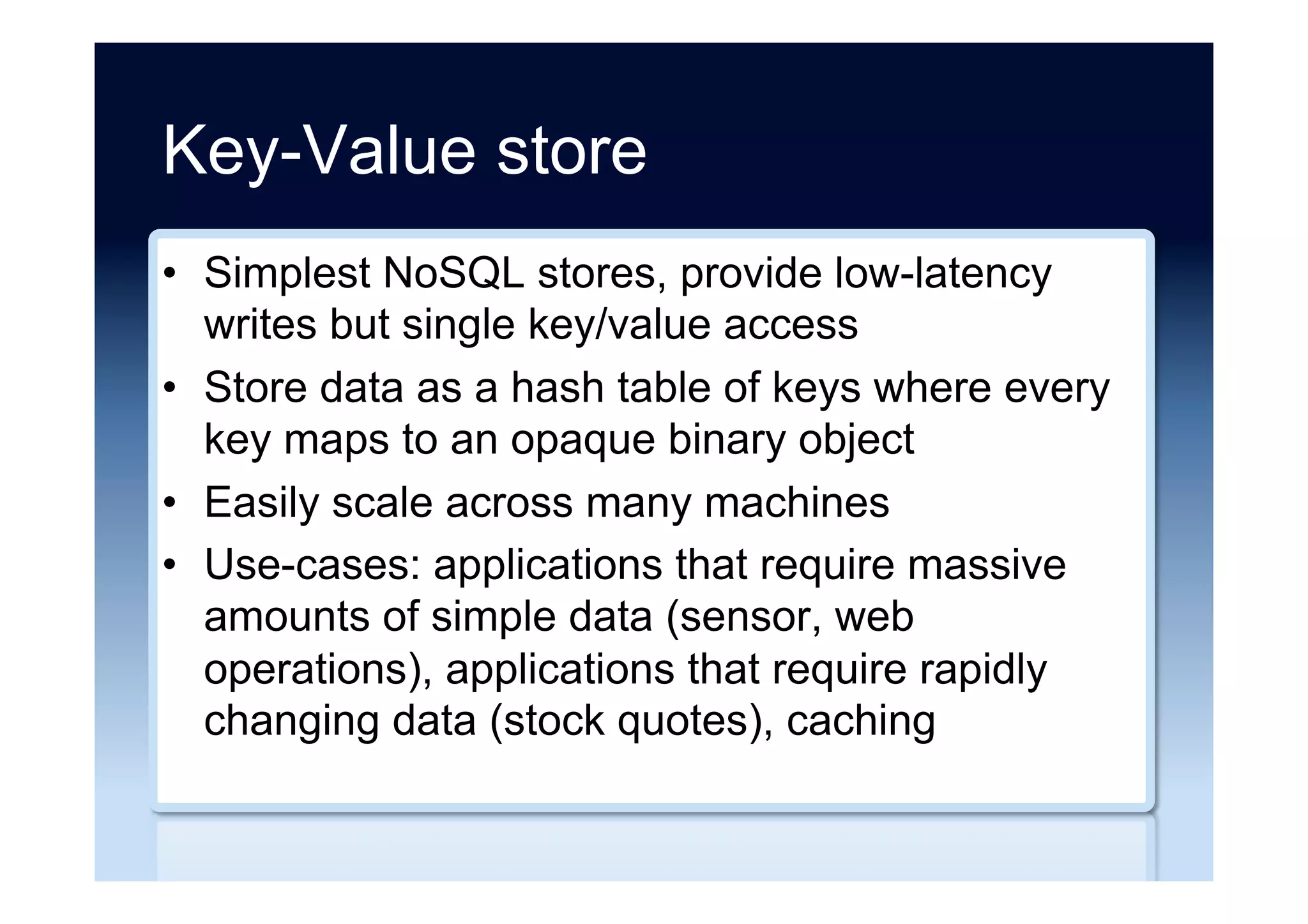 MongoDB example
{
"namespace 1": any json object,
"namespace 2": any json object,
...
}
{
"namespace 1": [
{
"_id": "key 1",
"property 1": "value",
"property 2": {
"property 3": "value",
"property 4": [ "value",
"value", "value" ]
}, ...
},
...
]
}
Source: Frank Denis, used with permission
 