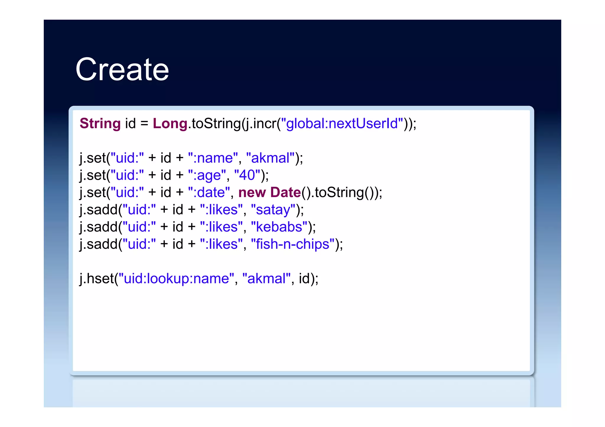 Read
BasicDBObject document = new BasicDBObject();
document.put("name", "akmal");
DBCursor cursor = collection.find(document);
while (cursor.hasNext())
System.out.println(cursor.next());
cursor.close();
 