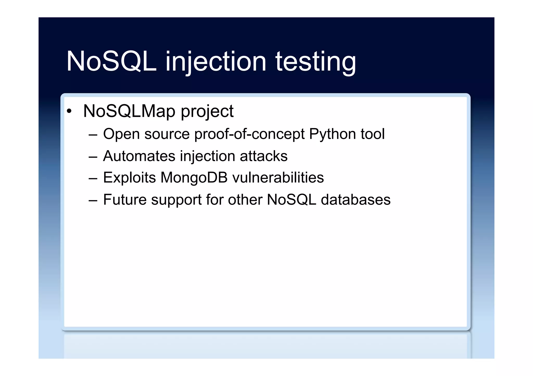 Well-known ports
Product Ports
MongoDB 27017, 28017, 27080
CouchDB 5984
HBase 9000
Cassandra 9160
Neo4j 7474
Redis 6379
Riak 8098
Source: “Abusing NoSQL Databases” Ming Chow (2013)
 