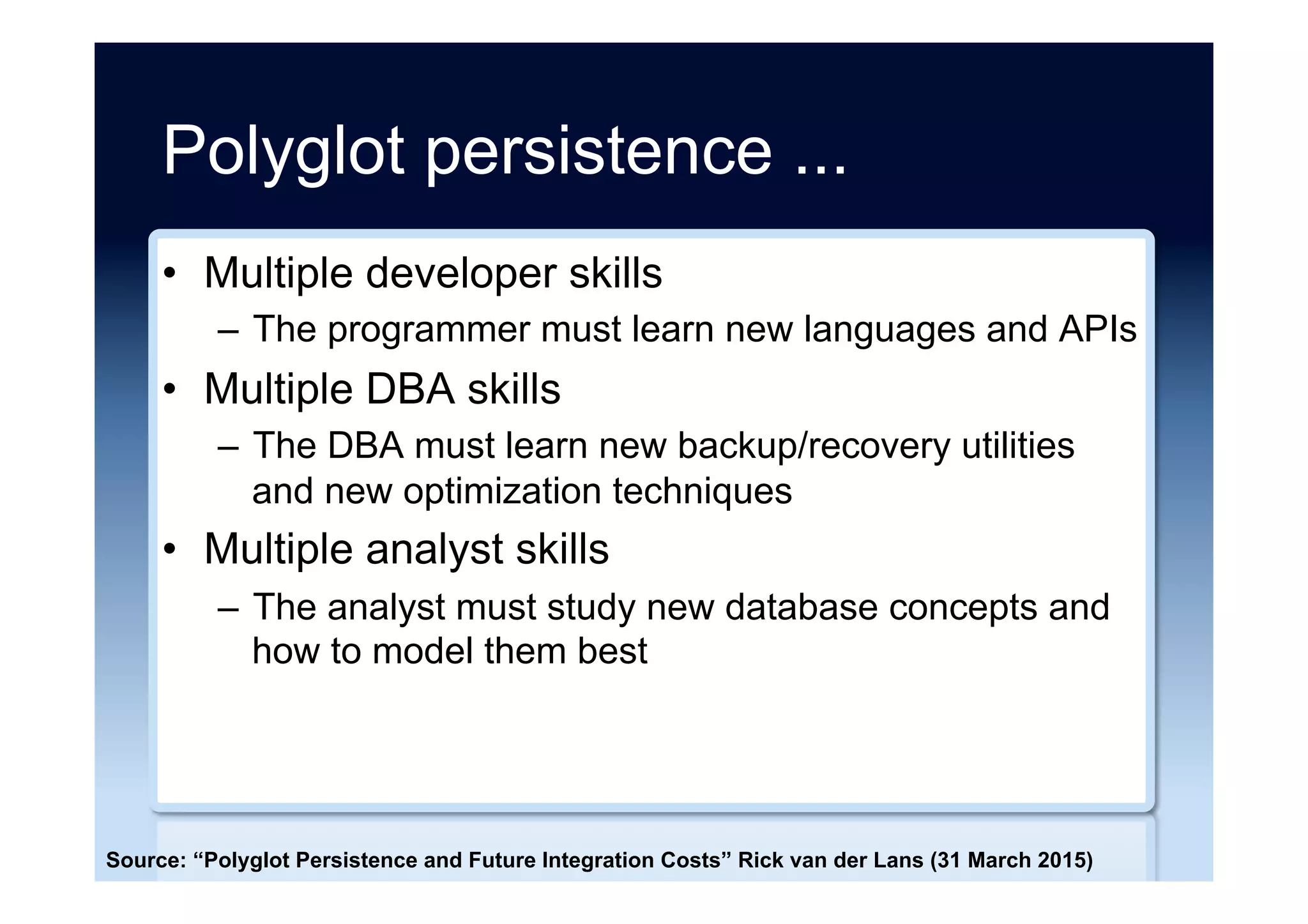 NoSQL apps leaking data
These technologies’ default settings tend
to have no configuration for authentication,
encryption, authorization or any other type
of security controls that we take for
granted. Some of them don’t even have a
built-in access control.
Source: “Data, Technologies and Security - Part 1” BinaryEdge (14 August 2015)
 