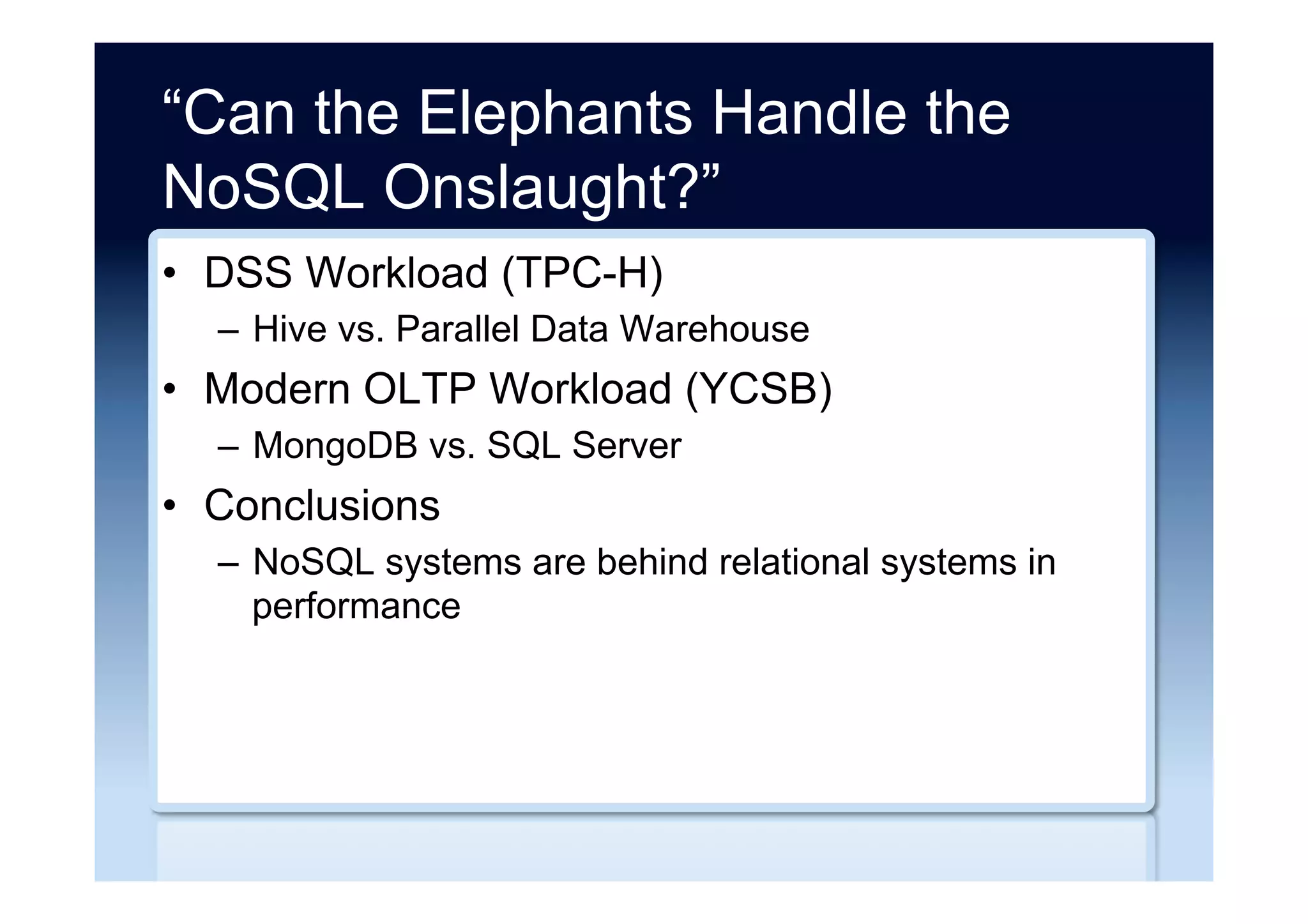 Polyglot persistence examples
•  Disney
–  Cassandra, Hadoop, MongoDB
•  Interactive Mediums
–  CouchDB, MySQL
•  Mendeley
–  HBase, MongoDB, Solr, Voldemort
•  Netflix
–  Cassandra, Hadoop/HBase, RDBMS, SimpleDB
•  Twitter
–  Cassandra, FlockDB, Hadoop/HBase, MySQL
 