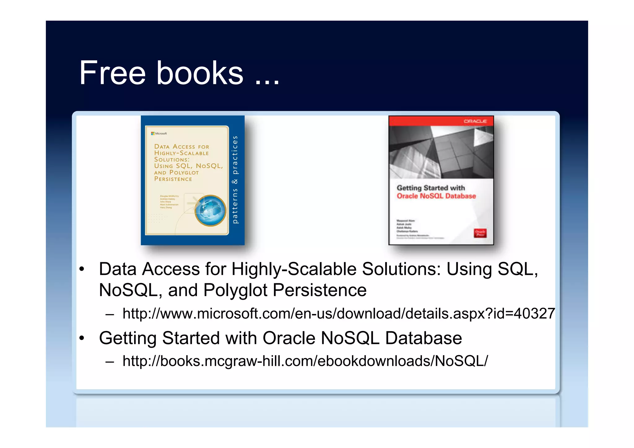 It’s the people
... most of the business people driving the
Big Data NoSQL databases are data
management illiterate; don’t recognize the
lack of NoSQL data management
facilities ... and don’t know anything about
availability, referential integrity and
normalized data designs.
-- Dave Beulke
Source: “Big Data Day Recap - 5 Very Interesting Items” Dave Beulke (24 September 2013)
 