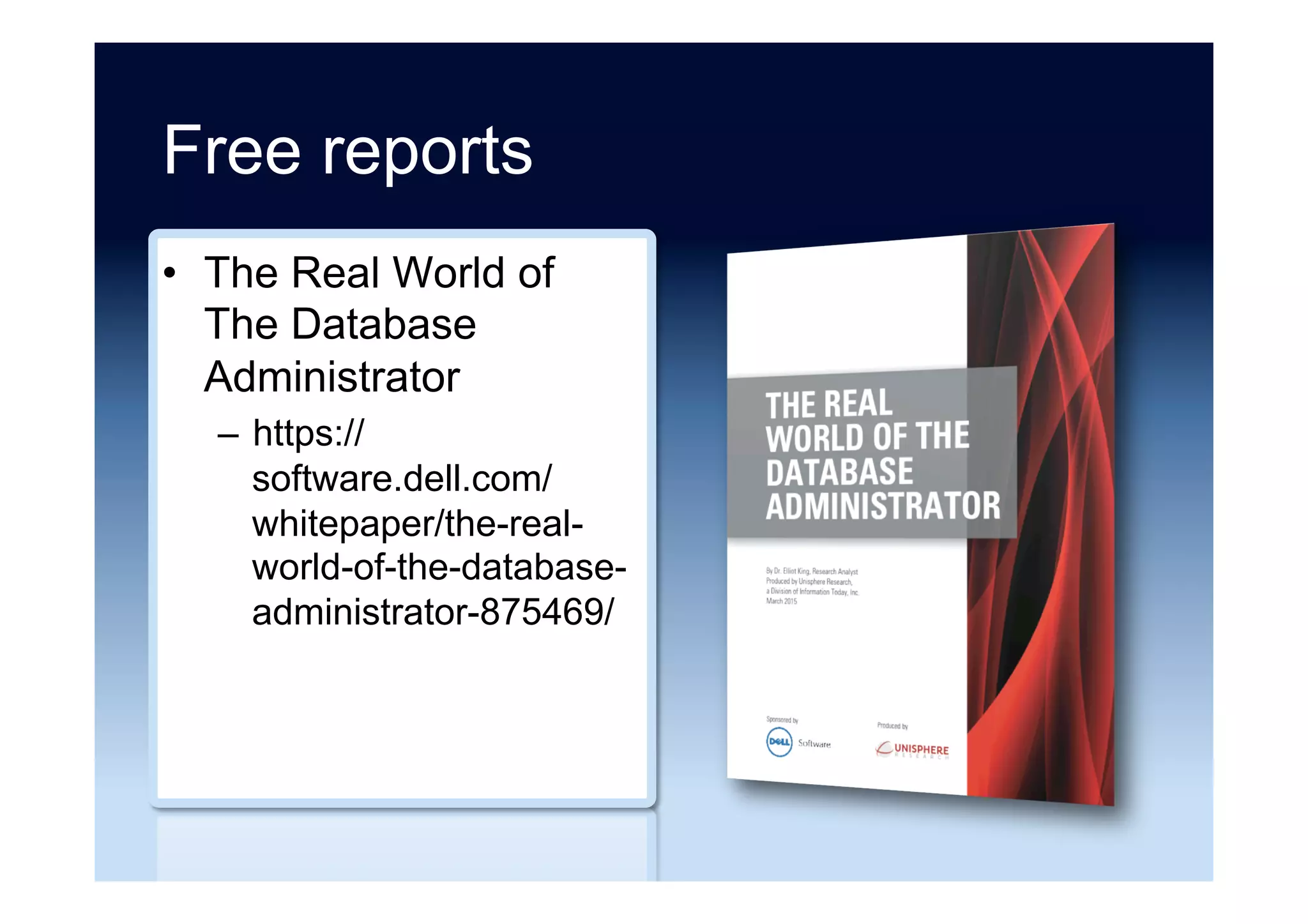 Recommended reading ...
•  Choosing the right NoSQL database for the job:
a quality attribute evaluation
–  http://www.journalofbigdata.com/content/2/1/18/
•  Gartner Magic Quadrant for Operational
Database Management Systems (2015)
–  https://info.microsoft.com/CO-SQL-CNTNT-
FY16-09Sep-14-MQOperational-Register.html
 