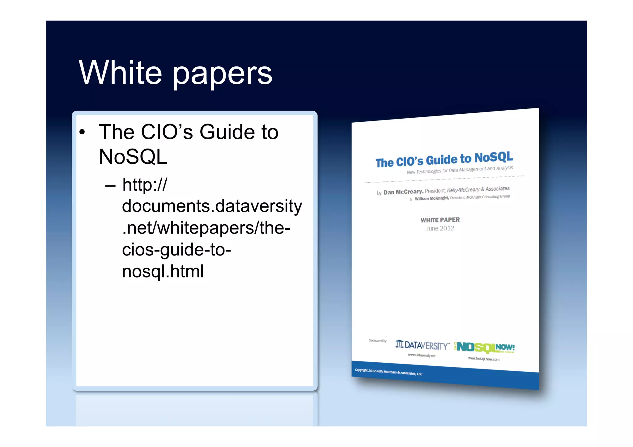 Recommended reading
•  Learn to stop using shiny new things and love
MySQL
–  https://engineering.pinterest.com/blog/learn-stop-
using-shiny-new-things-and-love-mysql/
•  MongoDB Days
–  https://gaiustech.wordpress.com/2013/04/13/
mongodb-days/
 