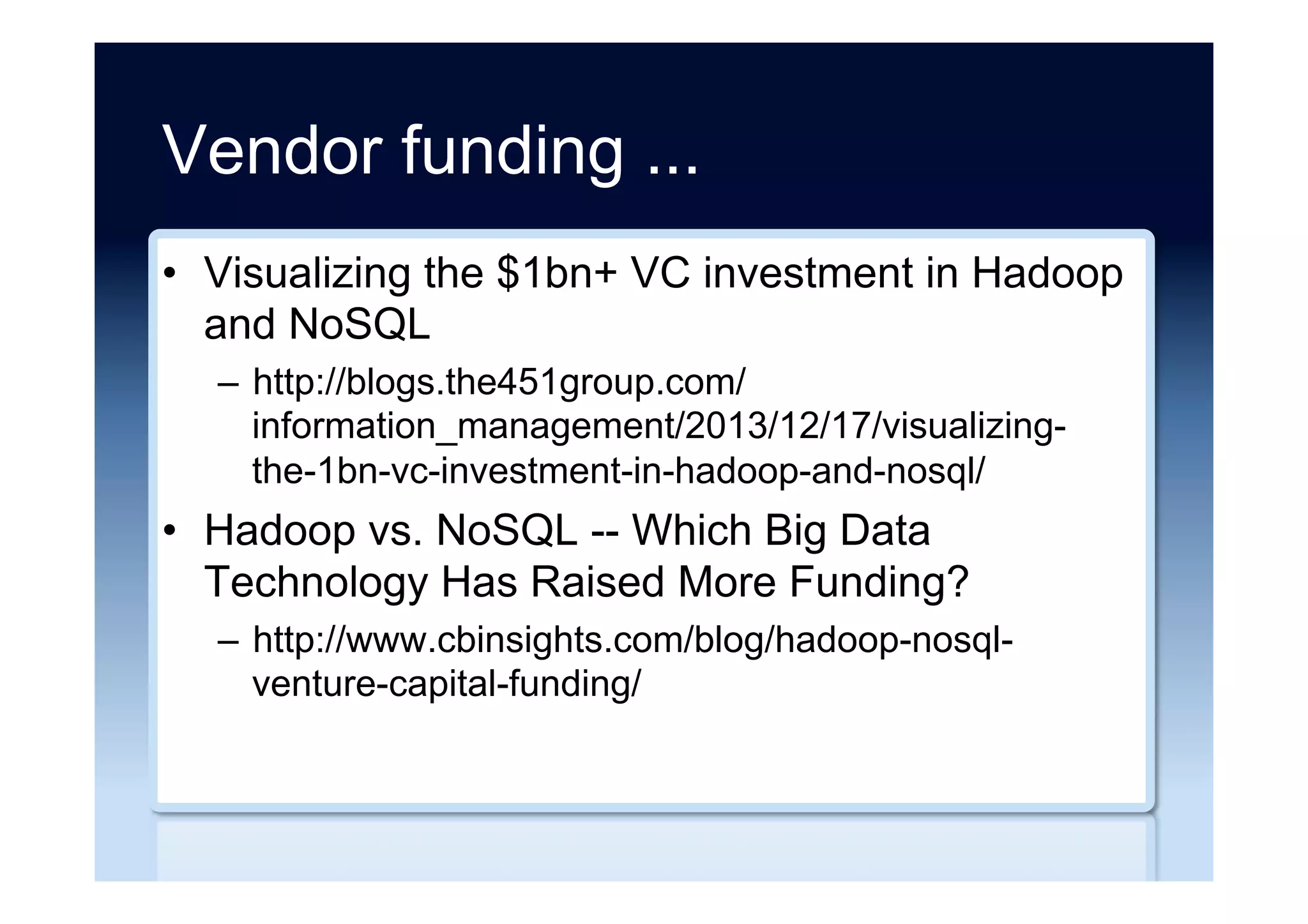 History ...
•  First NoSQL meetup
–  http://nosql.eventbrite.com/
–  http://blog.oskarsson.nu/post/22996139456/nosql-
meetup
•  First NoSQL meetup debrief
–  http://blog.oskarsson.nu/post/22996140866/nosql-
debrief
•  First NoSQL meetup photographs
–  http://www.flickr.com/photos/russss/sets/
72157619711038897/
 