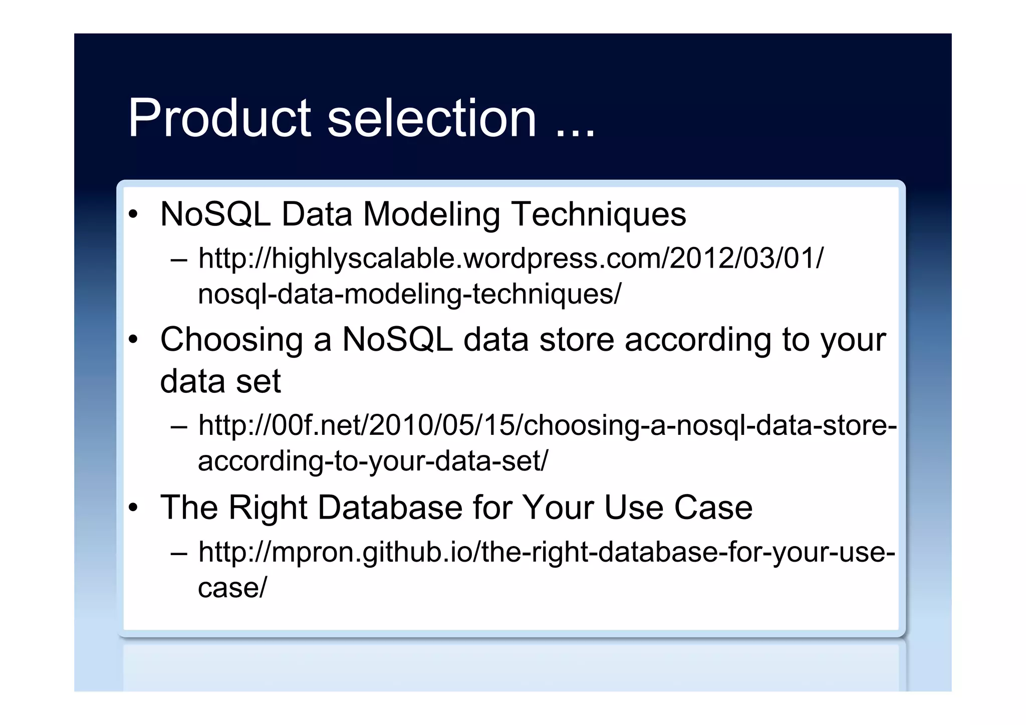 Free books ...
•  Understanding The Top 5 Redis Performance Metrics
–  https://www.datadoghq.com/wp-content/uploads/2013/09/
Understanding-the-Top-5-Redis-Performance-Metrics.pdf
•  DBA’s Guide to NoSQL
–  https://www.smashwords.com/books/view/479798/
 