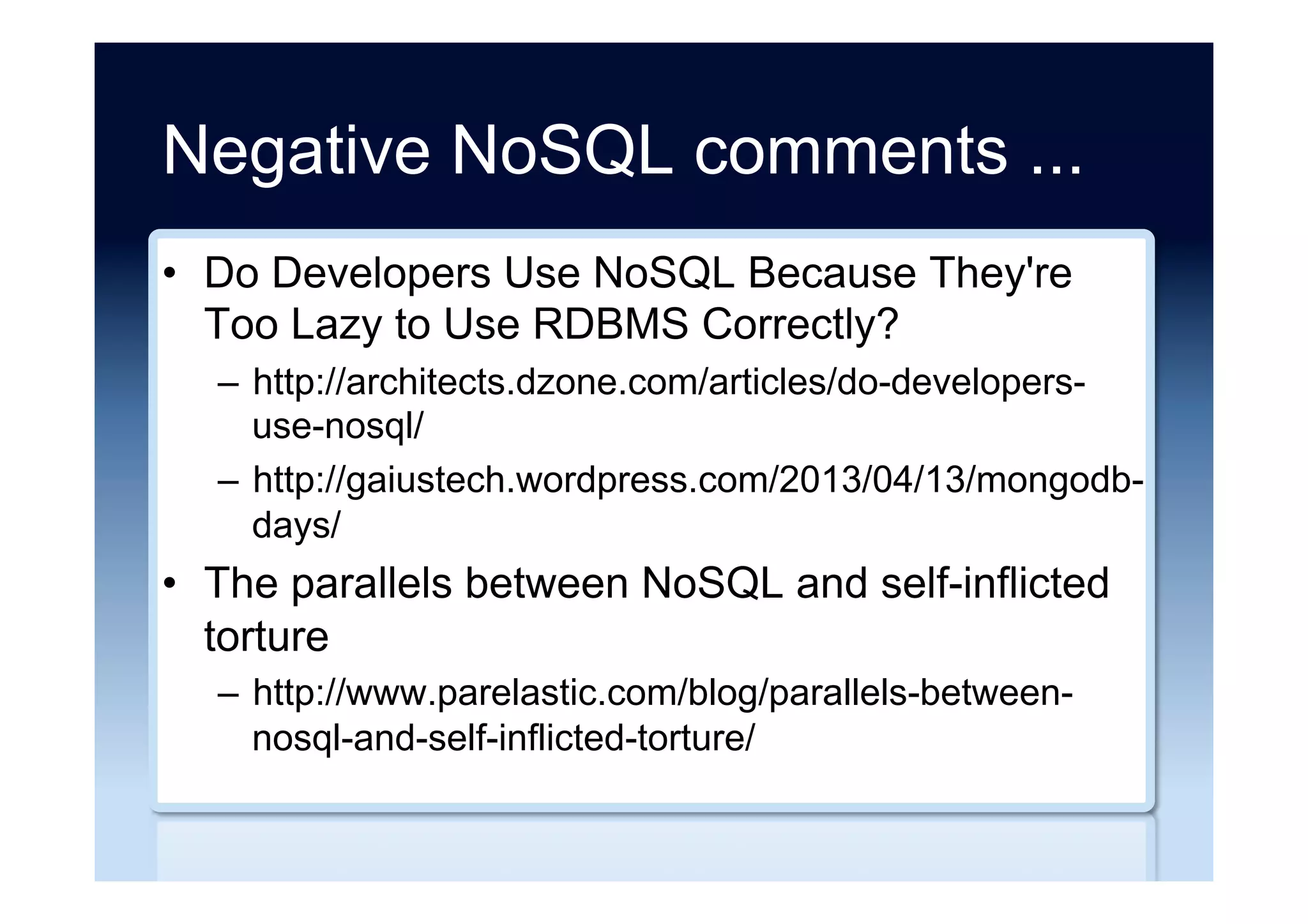 Vendor funding
•  NoSQL market frames larger debate: Can open
source be profitable?
–  http://siliconangle.com/blog/2015/03/19/nosql-market-
frames-larger-debate-can-open-source-be-profitable/
 