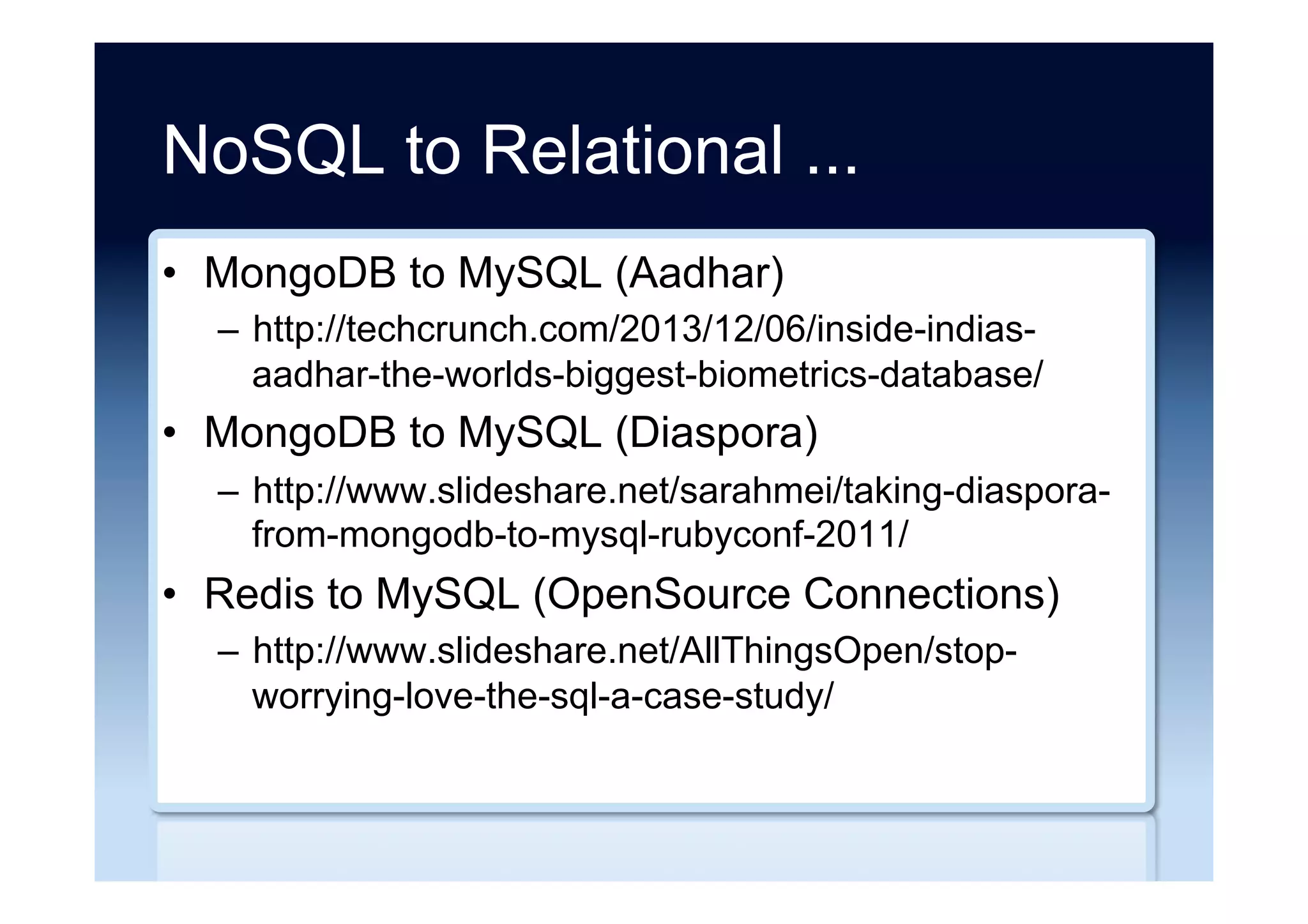 Product selection ...
•  NoSQL Databases: a Survey and Decision
Guidance
–  https://medium.com/baqend-blog/nosql-databases-a-
survey-and-decision-guidance-ea7823a822d#.
9fwc8lv02
•  Scalable Data Management: NoSQL Data
Stores in Research and Practice
–  http://www.slideshare.net/felixgessert/nosql-data-
stores-in-research-and-practice-icde-2016-tutorial-
extended-version
 