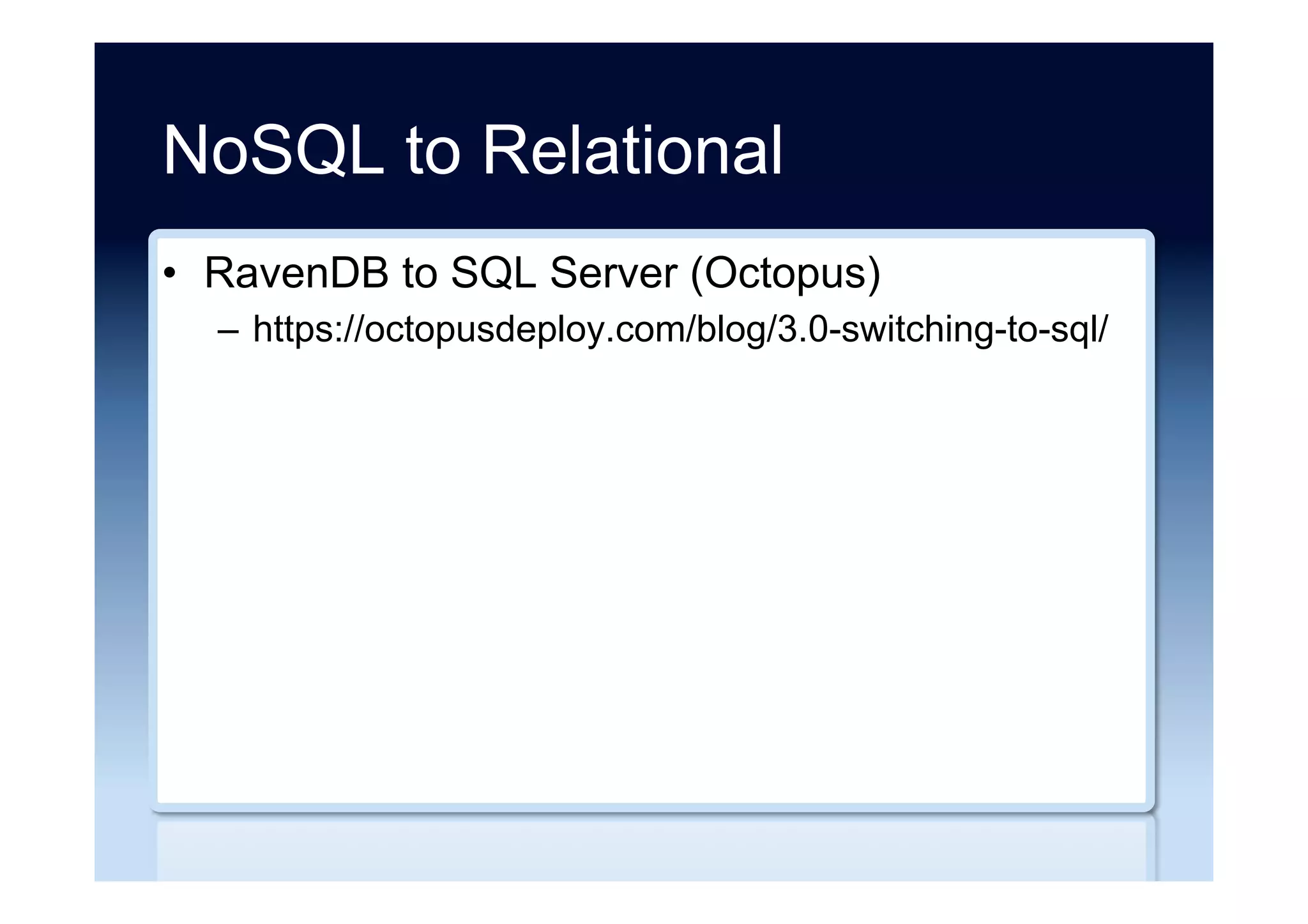 Product selection ...
•  NoSQL Options Compared: Different Horses for
Different Courses
–  http://www.slideshare.net/tazija/nosql-options-
compared/
•  The NoSQL Technical Comparison Report:
Cassandra (DataStax), MongoDB, and
Couchbase Server
–  http://www.altoros.com/nosql-tech-comparison-
cassandra-mongodb-couchbase.html
 