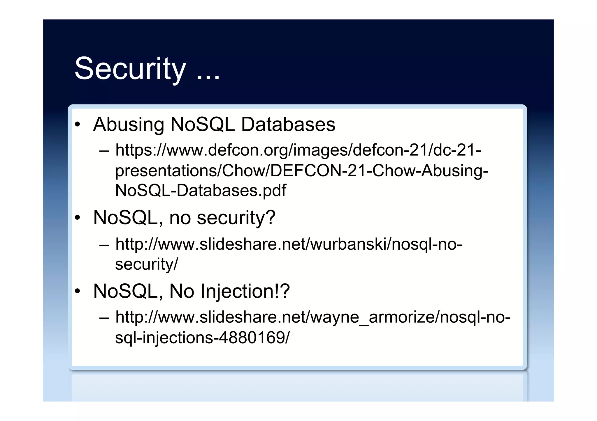 NoSQL alternatives ...
•  Our Race for a New Database
–  https://eng.uber.com/schemaless-part-one/
•  Schemaless Synopsis
–  https://eng.uber.com/schemaless-part-two/
•  Using Triggers On Schemaless, Uber
Engineering’s Datastore Using MySQL
–  https://eng.uber.com/schemaless-part-three/
 
