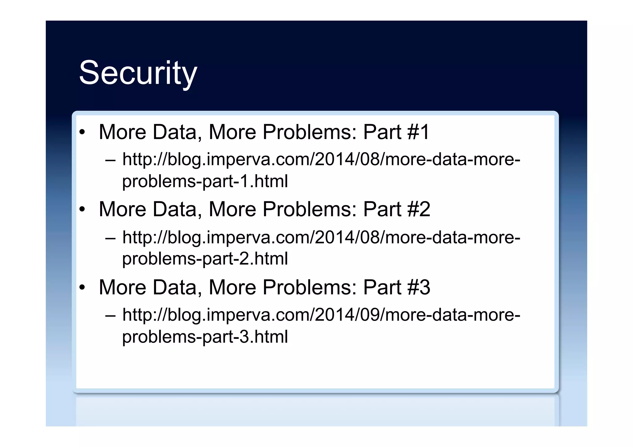 High-profile MySQL web sites
•  Facebook
–  http://www.mysql.com/customers/view/?id=757
•  Twitter
–  http://www.mysql.com/customers/view/?id=951
•  Tumblr
–  http://www.mysql.com/customers/view/?id=1186
•  Wikipedia
–  http://www.mysql.com/customers/view/?id=663
 