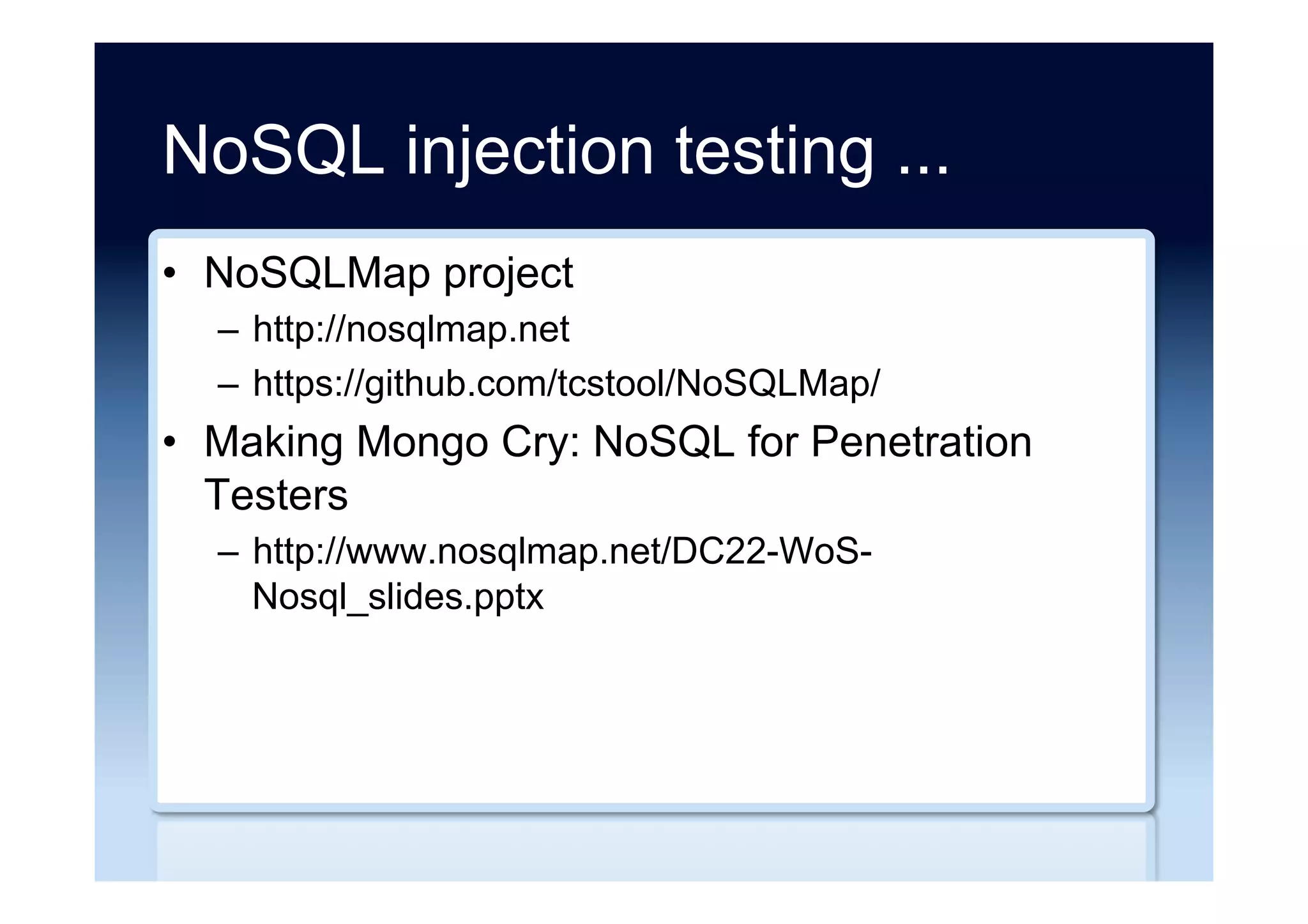 Negative NoSQL comments ...
•  MongoDB is to NoSQL like MySQL to SQL - in
the most harmful way
–  http://use-the-index-luke.com/blog/2013-10/mysql-is-
to-sql-like-mongodb-to-nosql
•  The Genius and Folly of MongoDB
–  http://nyeggen.com/post/2013-10-18-the-genius-and-
folly-of-mongodb/
•  Why You Should Never Use MongoDB
–  http://www.sarahmei.com/blog/2013/11/11/why-you-
should-never-use-mongodb/
 