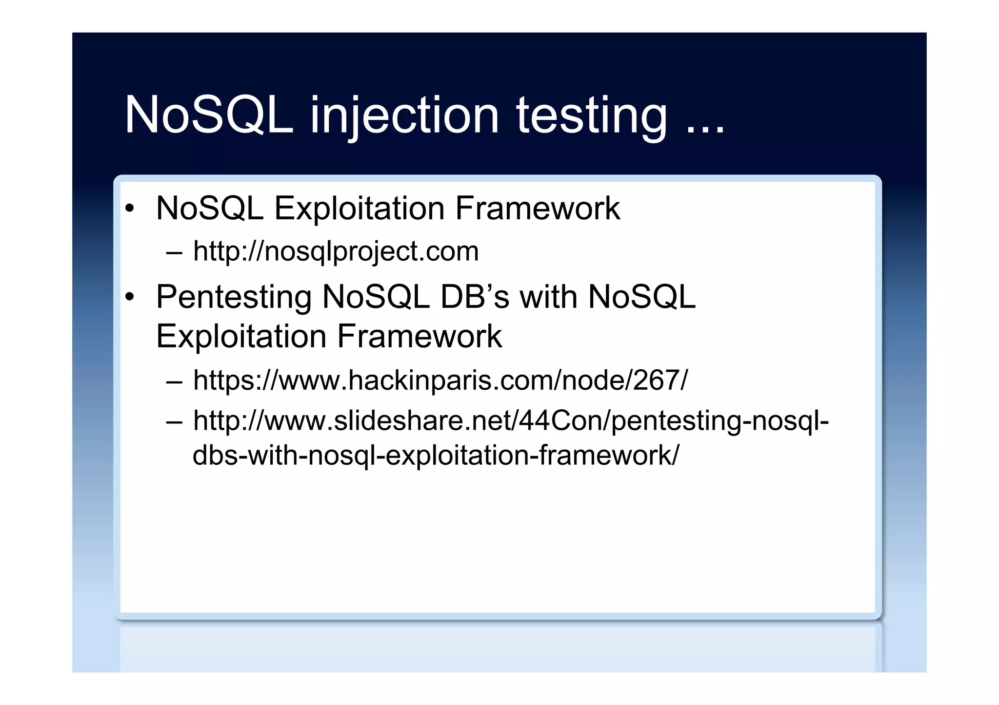Negative NoSQL comments ...
•  Failing with MongoDB
–  http://blog.schmichael.com/2011/11/05/failing-with-
mongodb/
–  https://speakerdeck.com/robotadam/postgres-at-
urban-airship/
•  A Year with MongoDB
–  http://blog.kiip.me/engineering/a-year-with-mongodb/
–  https://speakerdeck.com/mitsuhiko/a-year-of-
mongodb/
 