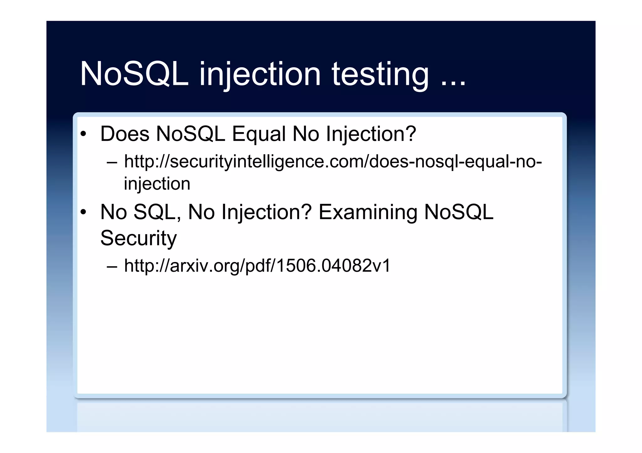 Negative NoSQL comments ...
•  Why MongoDB Never Worked Out at Etsy
–  http://mcfunley.com/why-mongodb-never-worked-out-
at-etsy/
•  A post you wish to read before considering using
MongoDB for your next app
–  http://longtermlaziness.wordpress.com/2012/08/24/a-
post-you-wish-to-read-before-considering-using-
mongodb-for-your-next-app/
 