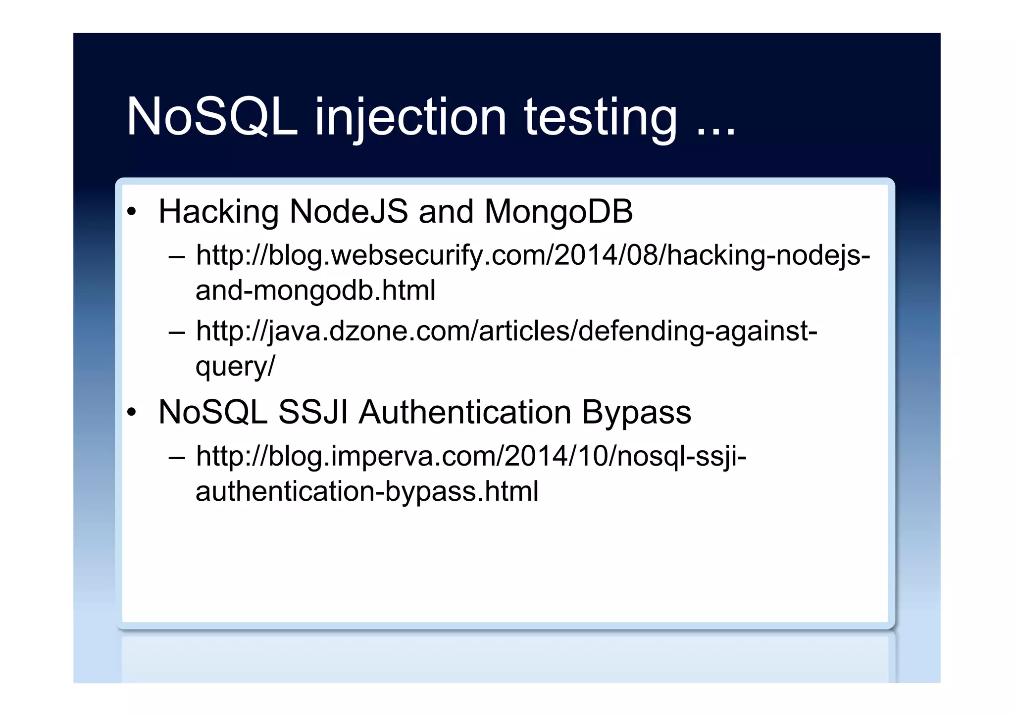 Negative NoSQL comments ...
•  Goodbye, CouchDB
–  http://sauceio.com/index.php/2012/05/goodbye-
couchdb/
•  Don’t use NoSQL
–  https://speakerdeck.com/roidrage/dont-use-nosql/
–  http://vimeo.com/49713827/
•  The SQL and NoSQL Effects: Will They Ever
Learn?
–  http://www.dbdebunk.com/2015/07/the-sql-and-nosql-
effects-will-they.html
 