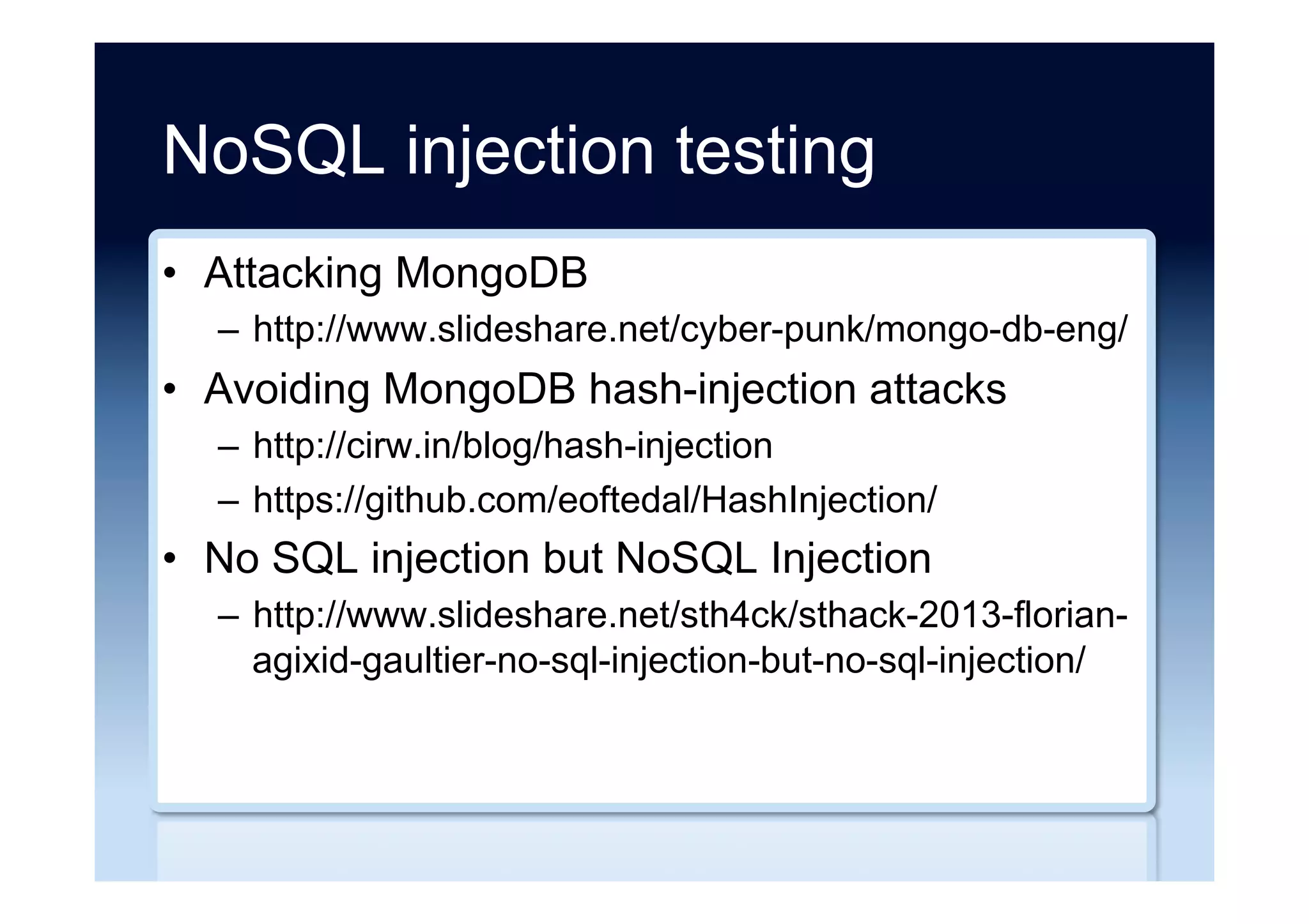 Negative NoSQL comments ...
•  Do Developers Use NoSQL Because They're
Too Lazy to Use RDBMS Correctly?
–  http://architects.dzone.com/articles/do-developers-
use-nosql
–  http://gaiustech.wordpress.com/2013/04/13/mongodb-
days/
•  The parallels between NoSQL and self-inflicted
torture
–  http://www.tesora.com/blog/parallels-between-nosql-
and-self-inflicted-torture/
 