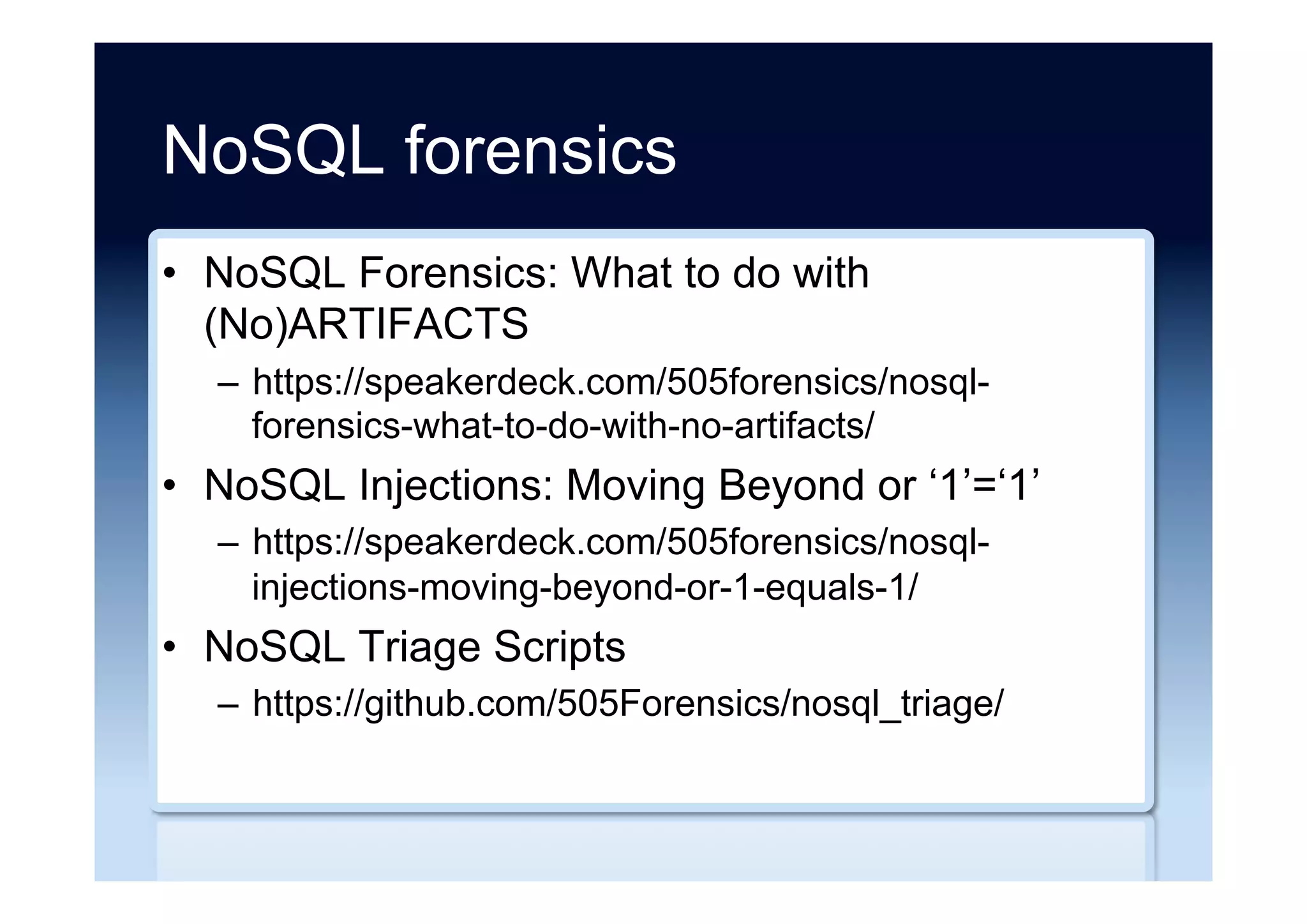 Negative NoSQL comments
•  7 hard truths about the NoSQL revolution
–  http://www.infoworld.com/article/2617405/nosql/7-
hard-truths-about-the-nosql-revolution.html
•  Google goes back to the future with SQL F1
database
–  http://www.theregister.co.uk/2013/08/30/
google_f1_deepdive/
•  What’s left of NoSQL?
–  http://use-the-index-luke.com/blog/2013-04/whats-left-
of-nosql
 