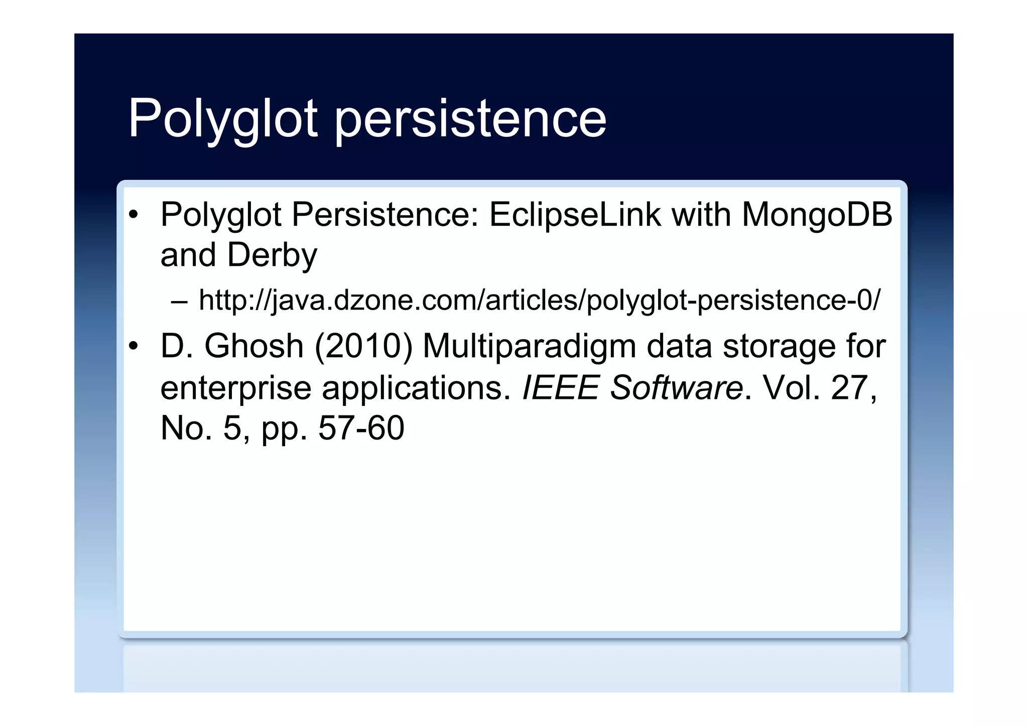 NoSQL to Relational ...
•  MongoDB to MySQL (Aadhar)
–  http://techcrunch.com/2013/12/06/inside-indias-
aadhar-the-worlds-biggest-biometrics-database/
•  MongoDB to MySQL (Diaspora)
–  http://www.slideshare.net/sarahmei/taking-diaspora-
from-mongodb-to-mysql-rubyconf-2011/
•  Redis to MySQL (OpenSource Connections)
–  http://www.slideshare.net/AllThingsOpen/stop-
worrying-love-the-sql-a-case-study/
 