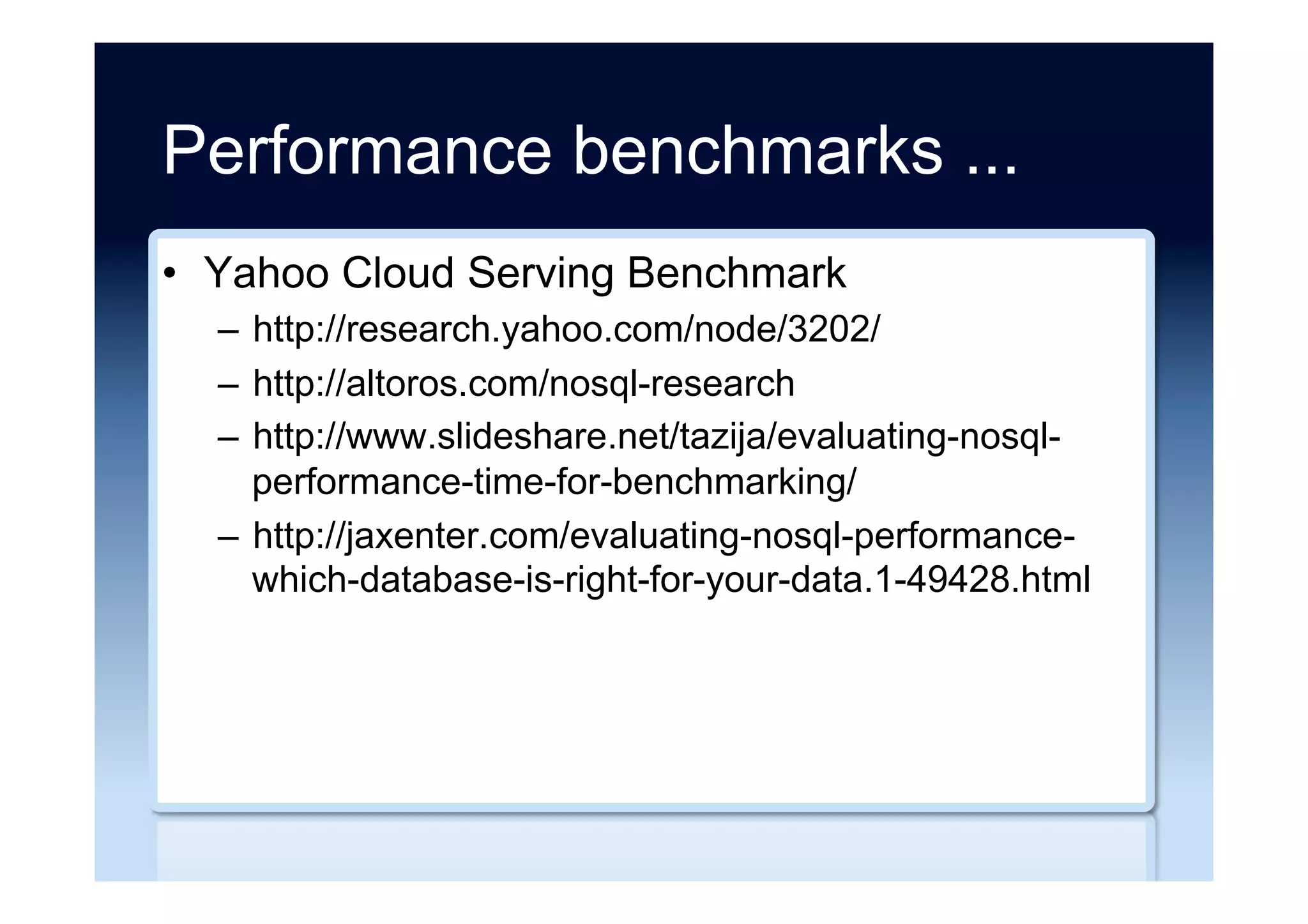 NoSQL to Relational ...
•  MongoDB to PostgreSQL (Urban Airship)
–  http://blog.schmichael.com/2011/11/05/failing-with-
mongodb/
•  MongoDB to Postgres
–  http://blog.testdouble.com/posts/2014-06-23-mongo-
to-postgres.html
•  MongoDB to PostgreSQL (Errbit fork)
–  https://github.com/errbit/errbit/issues/614/
 