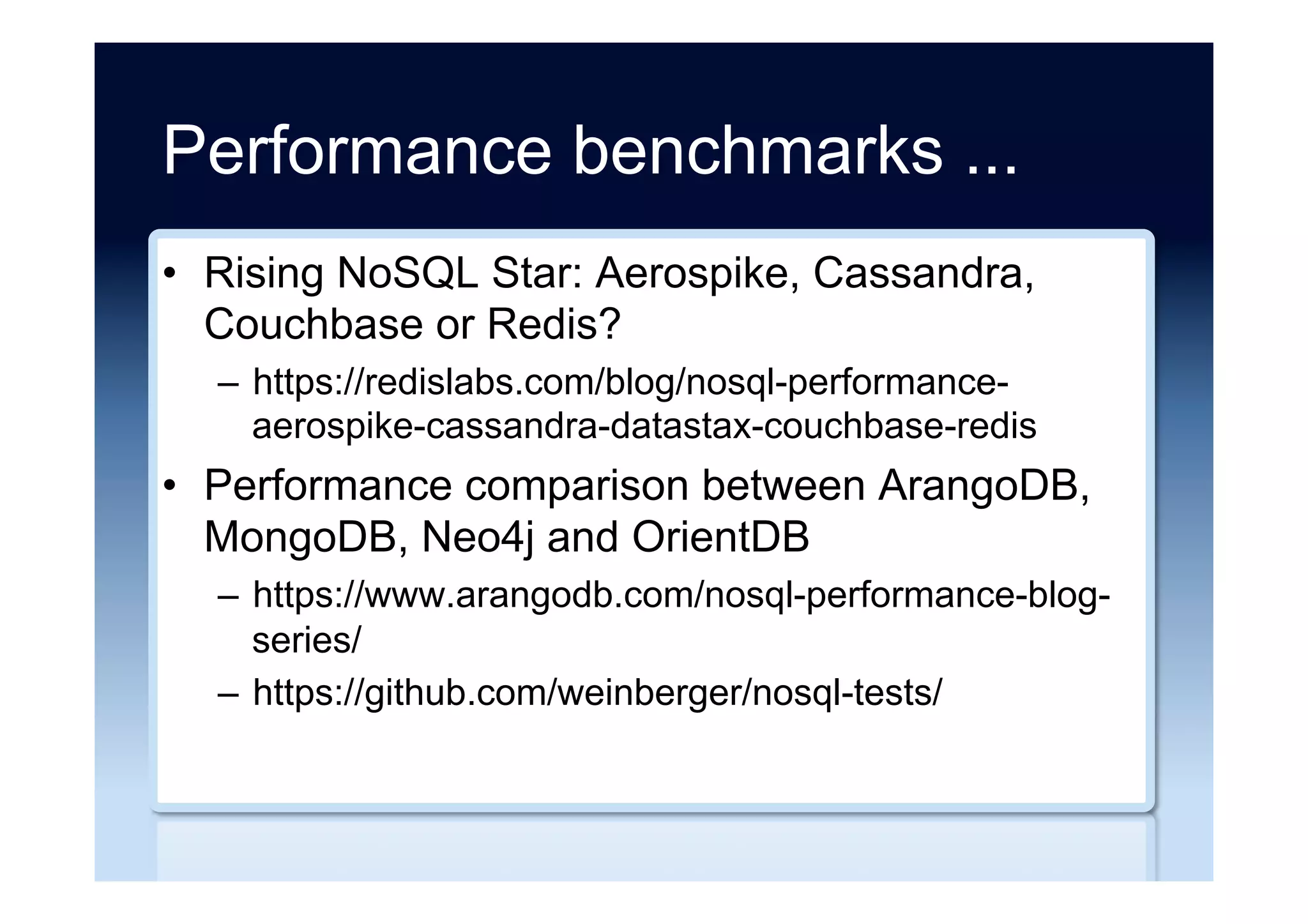 NoSQL to Relational
•  RavenDB to SQL Server (Octopus)
–  https://octopusdeploy.com/blog/3.0-switching-to-sql/
•  MongoDB to Vertica (Twin Prime)
–  http://engineering.twinprime.com/sql-or-nosql/
 