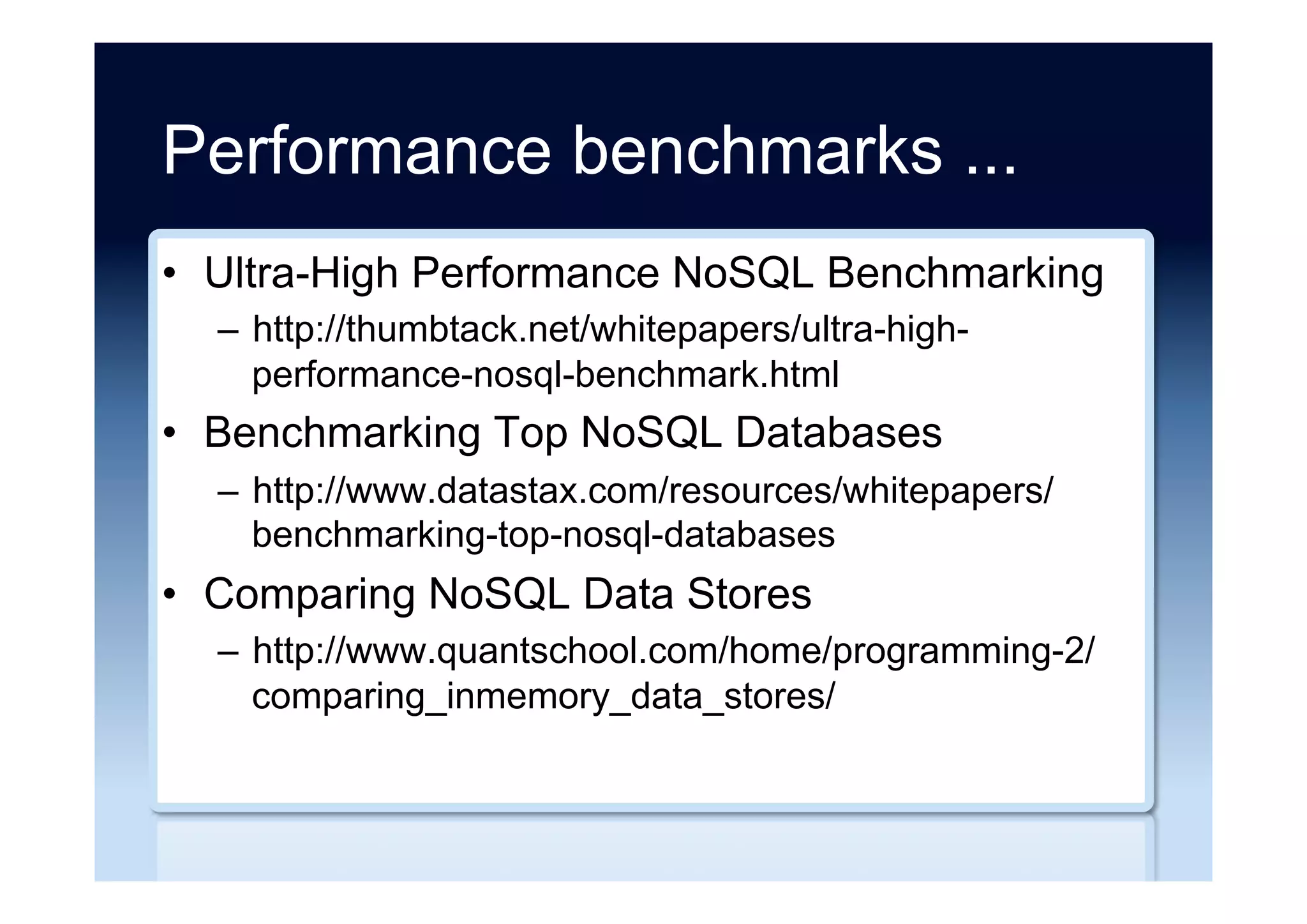 NoSQL to NoSQL ...
•  MongoDB to Cassandra (MetaBroadcast)
–  http://www.slideshare.net/fredvdd/mongodb-to-
cassandra/
•  MongoDB to Cassandra (SHIFT)
–  http://www.slideshare.net/DataStax/shift-real-world-
migration-from-mongo-db-to-cassandra-25970769/
•  MongoDB to Cassandra (FullContact)
–  http://www.fullcontact.com/blog/mongo-to-cassandra-
migration/
 