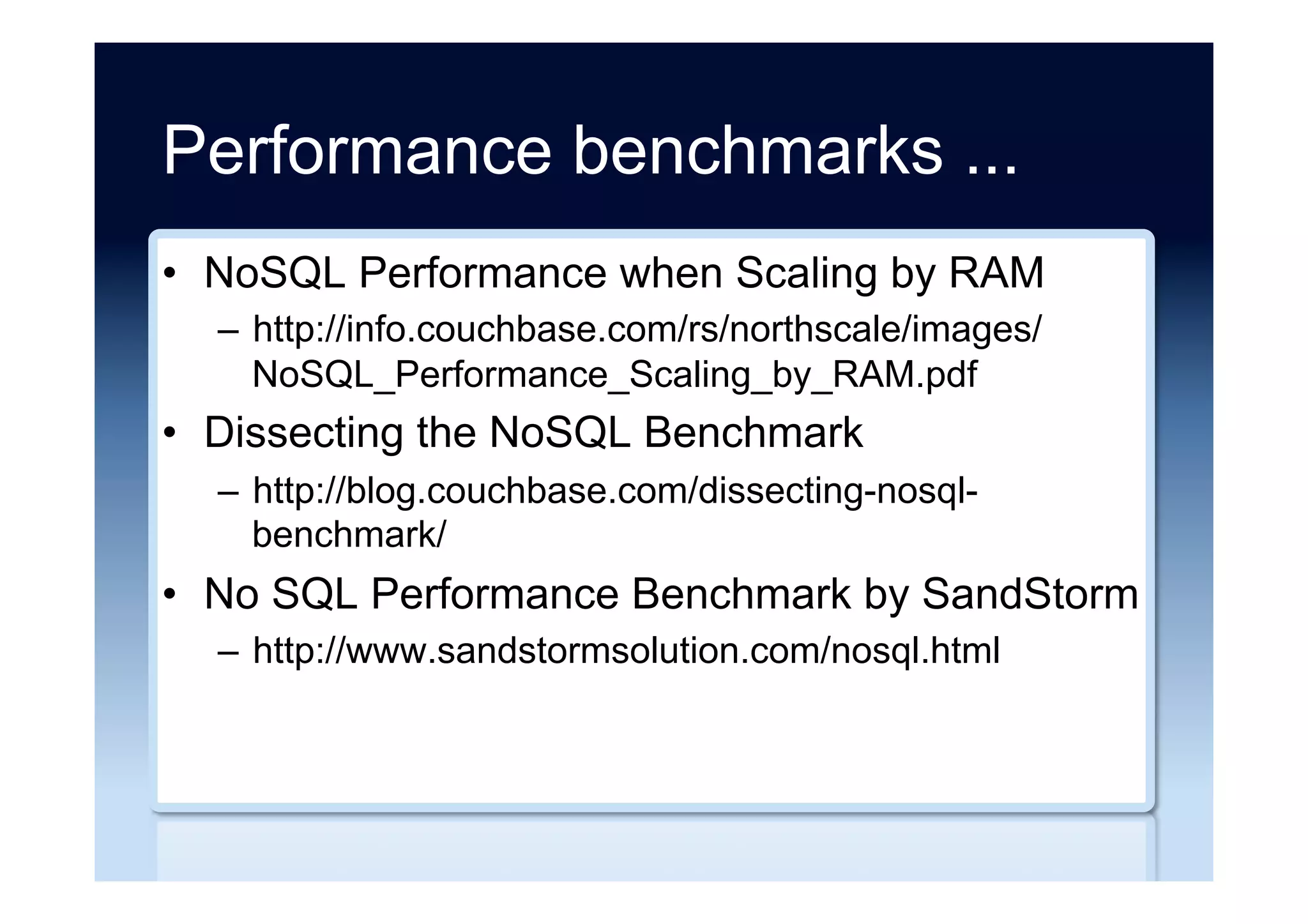 NoSQL to NoSQL ...
•  MongoDB to Cassandra (Shodan)
–  http://planetcassandra.org/blog/post/mongodb-to-
cassandra-a-developers-story/
•  MongoDB to Cassandra (Retailigence)
–  http://planetcassandra.org/blog/post/retailigence-
turns-to-apache-cassandra-after-returning-mysql-and-
mongodb-for-scalable-location-based-shopping-api/
•  MongoDB to Neo4j (Shindig)
–  https://dzone.com/articles/switching-mongodb-neo4j
 