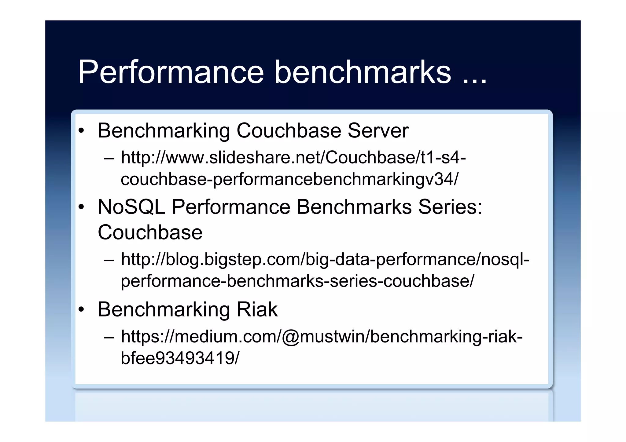 NoSQL to NoSQL ...
•  MongoDB to Cloudant (Postmark)
–  http://blog.postmarkapp.com/post/37338222496/bye-
mongodb-hello-cloudant/
•  MongoDB to Cloudant (IBM)
–  http://blog.ibmjstart.net/2015/08/05/porting-from-
mongodb-to-cloudant-differences-in-design/
•  MongoDB to DynamoDB (Gummicube)
–  https://www.codementor.io/devops/tutorial/handling-
date-and-datetime-in-dynamodb/
 
