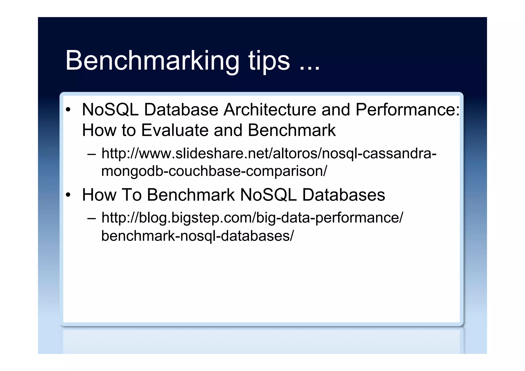 Security alerts
•  Insecure Data storage with NoSQL Databases
–  http://resources.infosecinstitute.com/android-hacking-
and-security-part-19-insecure-data-storage-with-
nosql-databases/
•  MongoDB databases at risk
–  https://cispa.saarland/wp-content/uploads/2015/02/
MongoDB_documentation.pdf
 