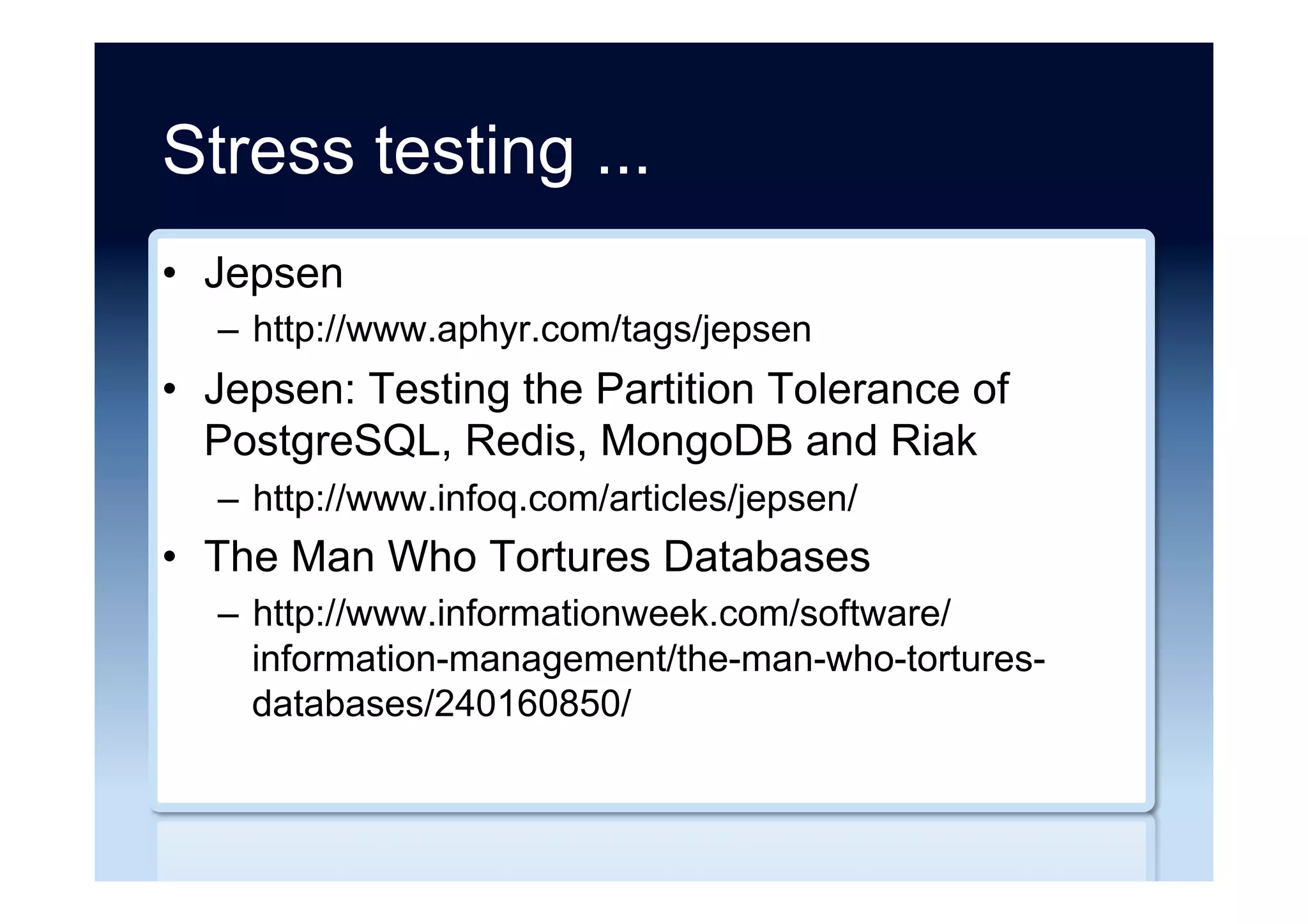 NoSQL injection testing ...
•  NoSQL Exploitation Framework
–  http://nosqlproject.com
•  Pentesting NoSQL DB’s with NoSQL
Exploitation Framework
–  http://www.slideshare.net/44Con/pentesting-nosql-
dbs-with-nosql-exploitation-framework/
 