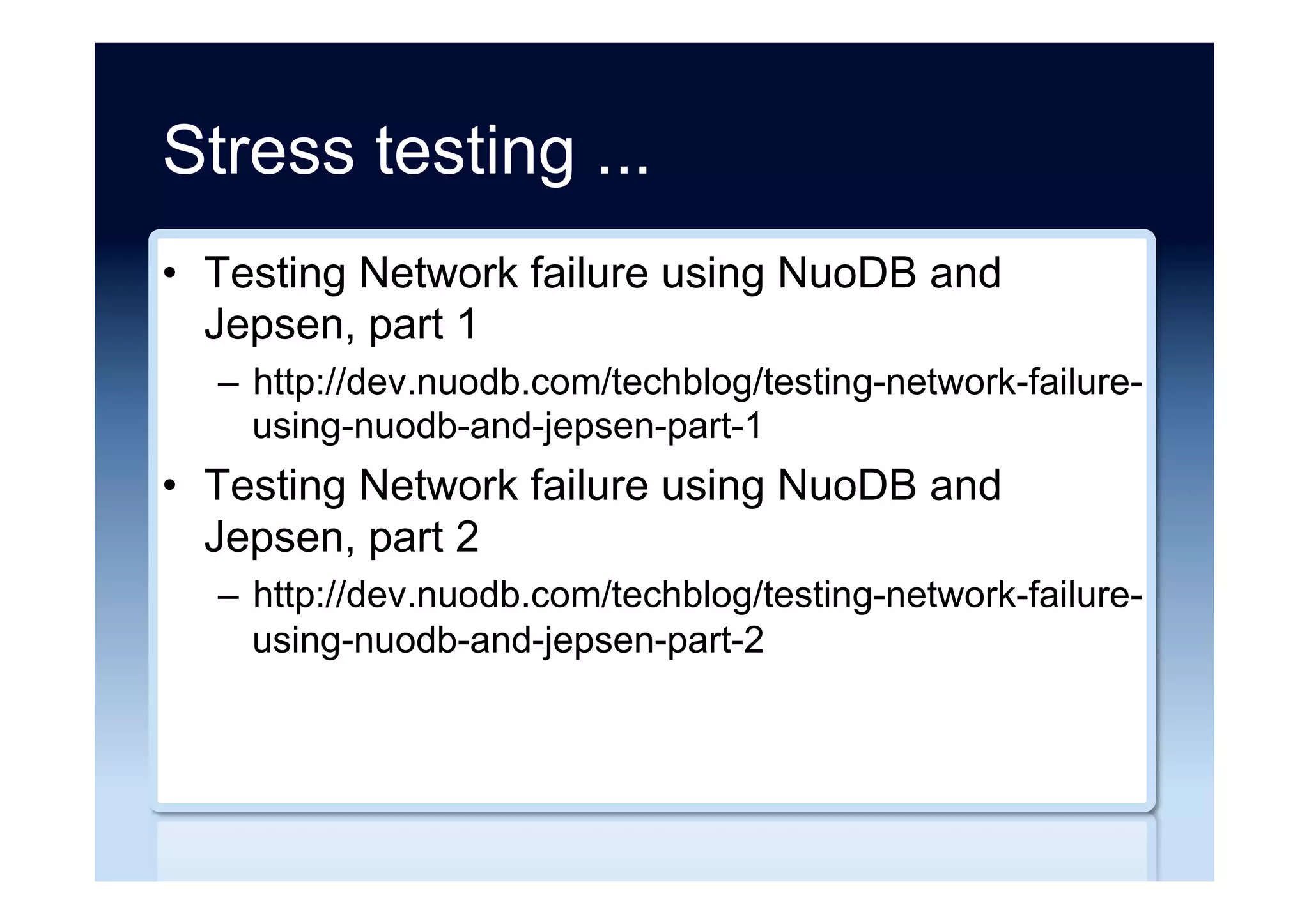NoSQL injection testing ...
•  NoSQL Injection - Or, Always Check Your
Arguments!
–  http://blog.east5th.co/2015/04/06/nosql-injection-or-
always-check-your-arguments/
•  Does NoSQL Equal No Injection?
–  http://securityintelligence.com/does-nosql-equal-no-
injection
•  No SQL, No Injection? Examining NoSQL
Security
–  http://arxiv.org/pdf/1506.04082v1
 