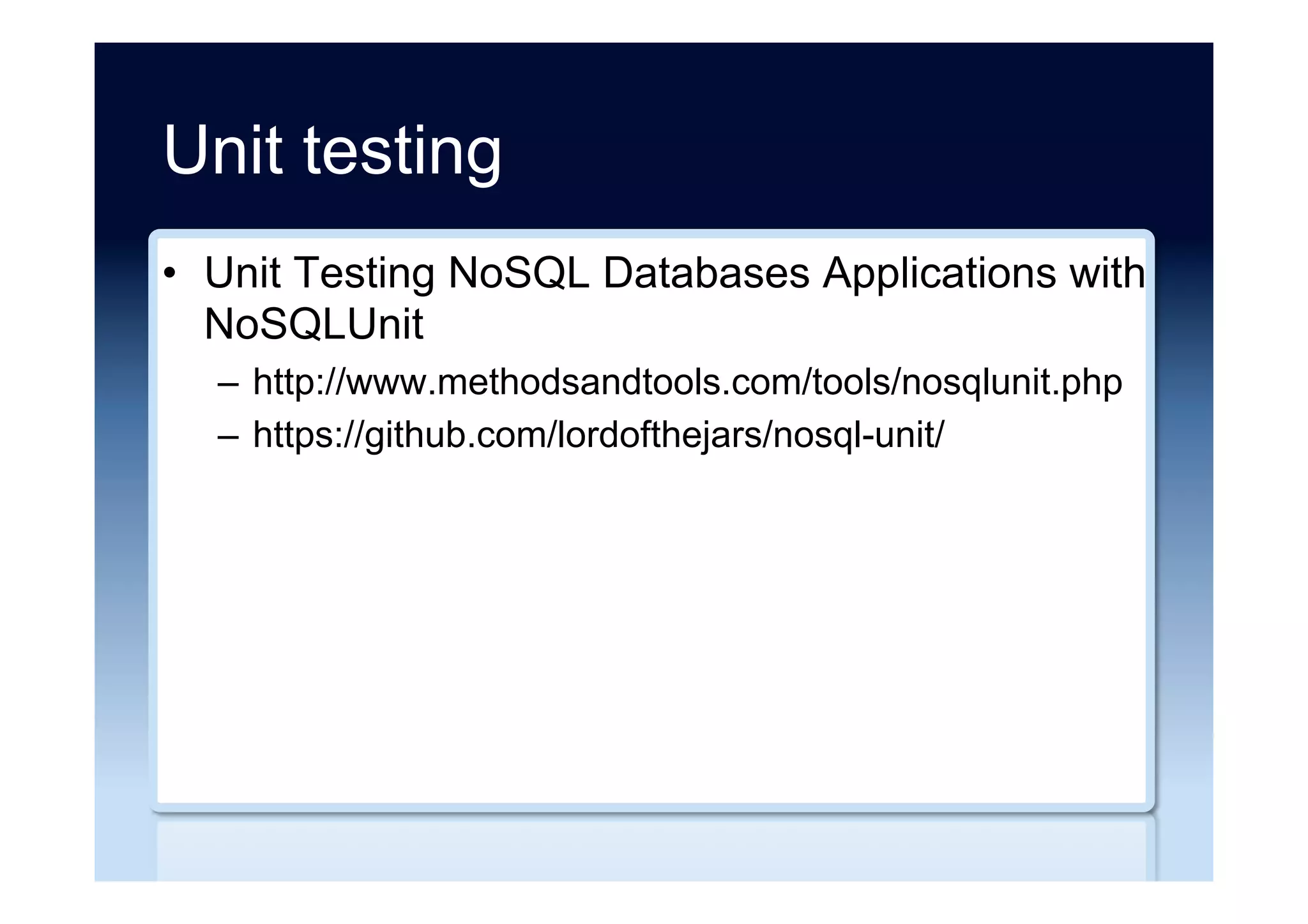 NoSQL injection testing
•  Attacking MongoDB
–  http://www.slideshare.net/cyber-punk/mongo-db-eng/
•  Avoiding MongoDB hash-injection attacks
–  http://cirw.in/blog/hash-injection
–  https://github.com/eoftedal/HashInjection/
•  No SQL injection but NoSQL Injection
–  http://www.slideshare.net/sth4ck/sthack-2013-florian-
agixid-gaultier-no-sql-injection-but-no-sql-injection/
 