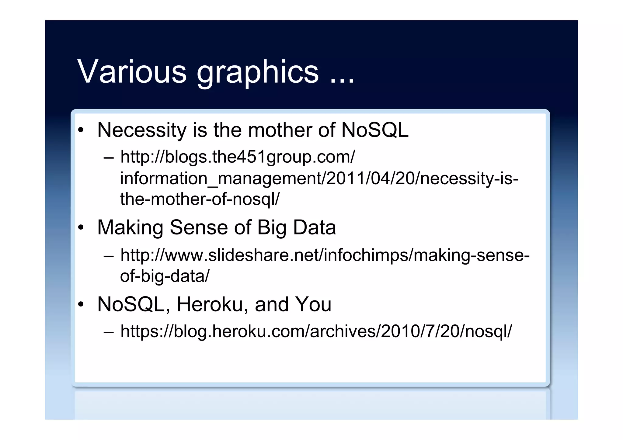 Polyglot persistence ...
•  NoSQL Database Choices: Weather Co. CIO’s
Advice
–  http://www.informationweek.com/big-data/software-
platforms/nosql-database-choices-weather-co-cios-
advice/a/d-id/1317052
•  Why we started using PostgreSQL with Slick
next to MongoDB
–  http://www.plotprojects.com/why-we-use-postgresql-
and-slick/
 