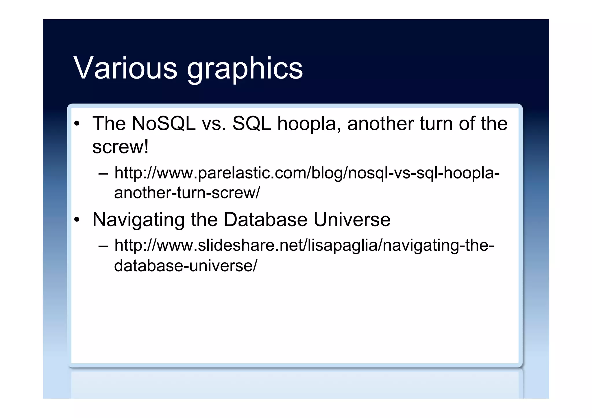 Polyglot persistence ...
•  HBase at Mendeley
–  http://www.slideshare.net/danharvey/hbase-at-
mendeley/
•  Polyglot Persistence
–  http://www.slideshare.net/jwoodslideshare/polyglot-
persistence-two-great-tastes-that-taste-great-
together-4625004/
•  Polyglot Persistence Patterns
–  https://abhishek-tiwari.com/post/polyglot-persistence-
patterns
 