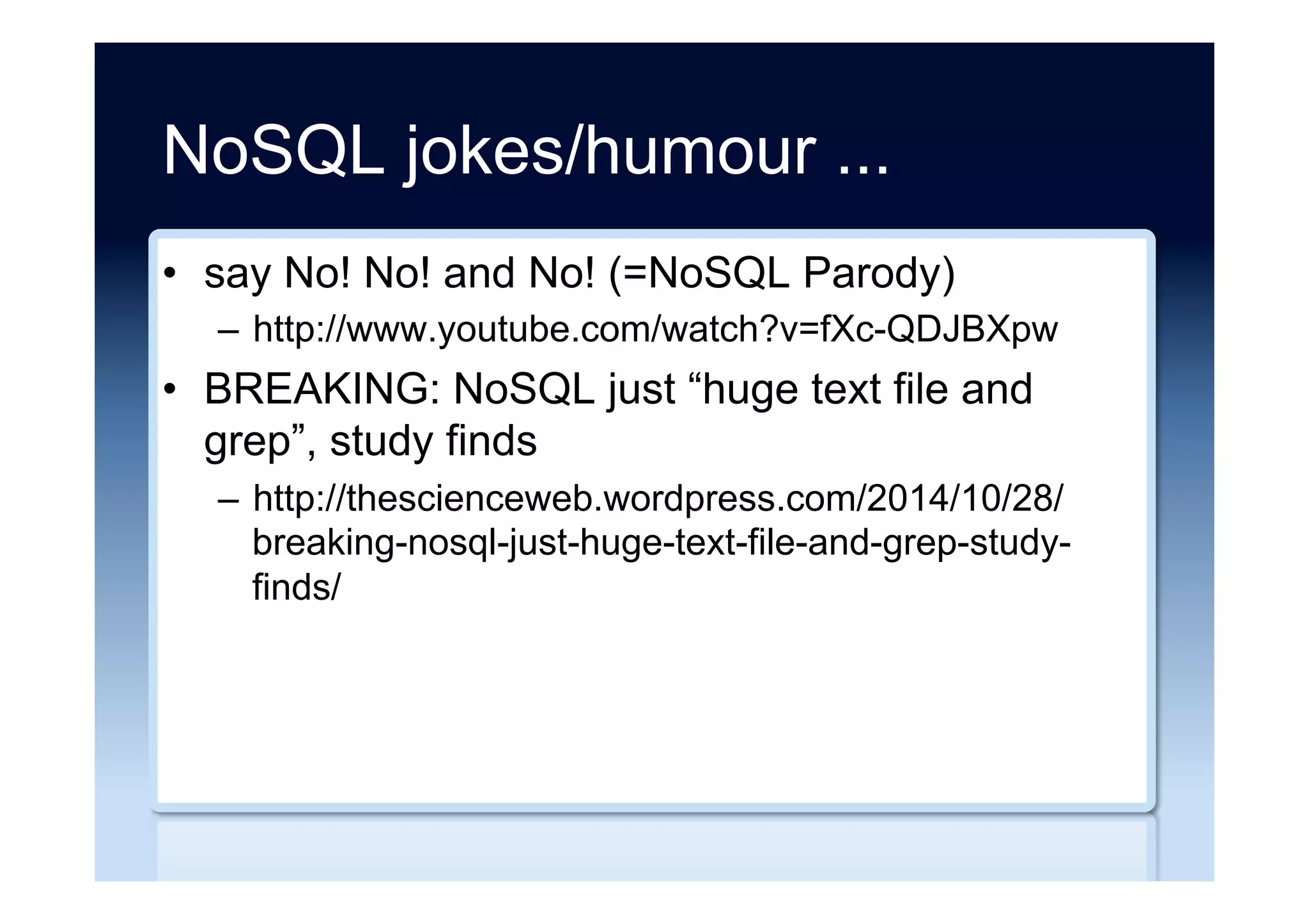 Performance benchmarks ...
•  2015 YCSB results
–  http://info.couchbase.com/
Benchmark_MongoDB_VS_CouchbaseServer_B.html
–  http://www.mongodb.com/lp/white-paper/benchmark-
report/
–  http://www.datastax.com/apache-cassandra-leads-
nosql-benchmark
 