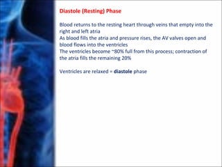 Diastole (Resting) Phase
Blood returns to the resting heart through veins that empty into the
right and left atria
As blood fills the atria and pressure rises, the AV valves open and
blood flows into the ventricles
The ventricles become ~80% full from this process; contraction of
the atria fills the remaining 20%
Ventricles are relaxed = diastole phase
 