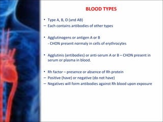 BLOOD TYPES
• Type A, B, O (and AB)
– Each contains antibodies of other types
• Agglutinogens or antigen A or B
- CHON present normaly in cells of erythrocytes
• Agglutinis (antibodies) or anti-serum A or B – CHON present in
serum or plasma in blood.
• Rh factor – presence or absence of Rh protein
– Positive (have) or negative (do not have)
– Negatives will form antibodies against Rh blood upon exposure
 