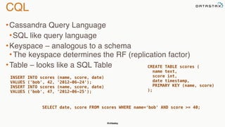 CQL 
•Cassandra Query Language 
•SQL like query language 
•Keyspace – analogous to a schema 
• The keyspace determines the RF (replication factor) 
•Table – looks like a SQL Table CREATE TABLE scores ( 
@chbatey 
name text, 
score int, 
date timestamp, 
PRIMARY KEY (name, score) 
); 
INSERT INTO scores (name, score, date) 
VALUES ('bob', 42, '2012-06-24'); 
INSERT INTO scores (name, score, date) 
VALUES ('bob', 47, '2012-06-25'); 
SELECT date, score FROM scores WHERE name='bob' AND score >= 40; 
 