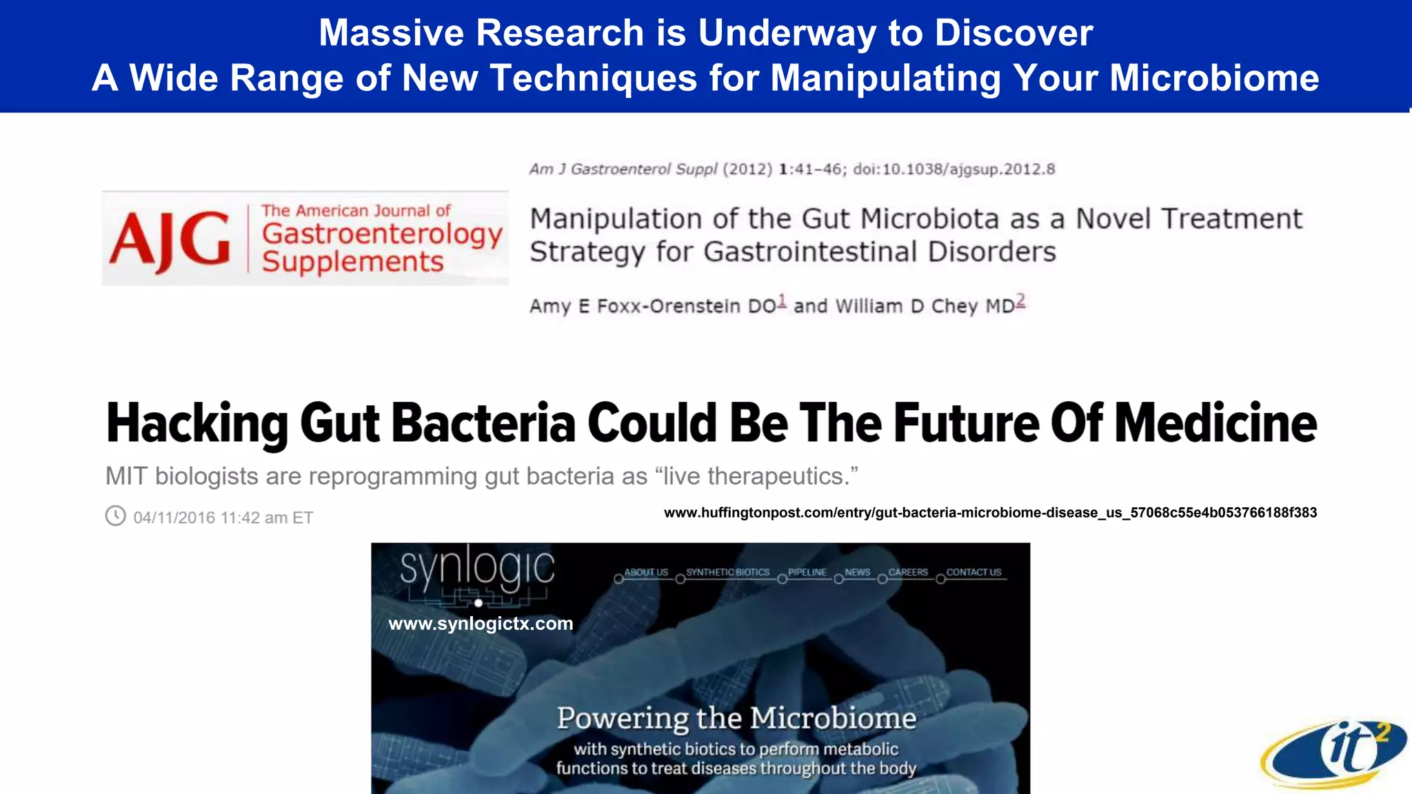 Massive Research is Underway to Discover
A Wide Range of New Techniques for Manipulating Your Microbiome
www.huffingtonpost.com/entry/gut-bacteria-microbiome-disease_us_57068c55e4b053766188f383
www.synlogictx.com
 