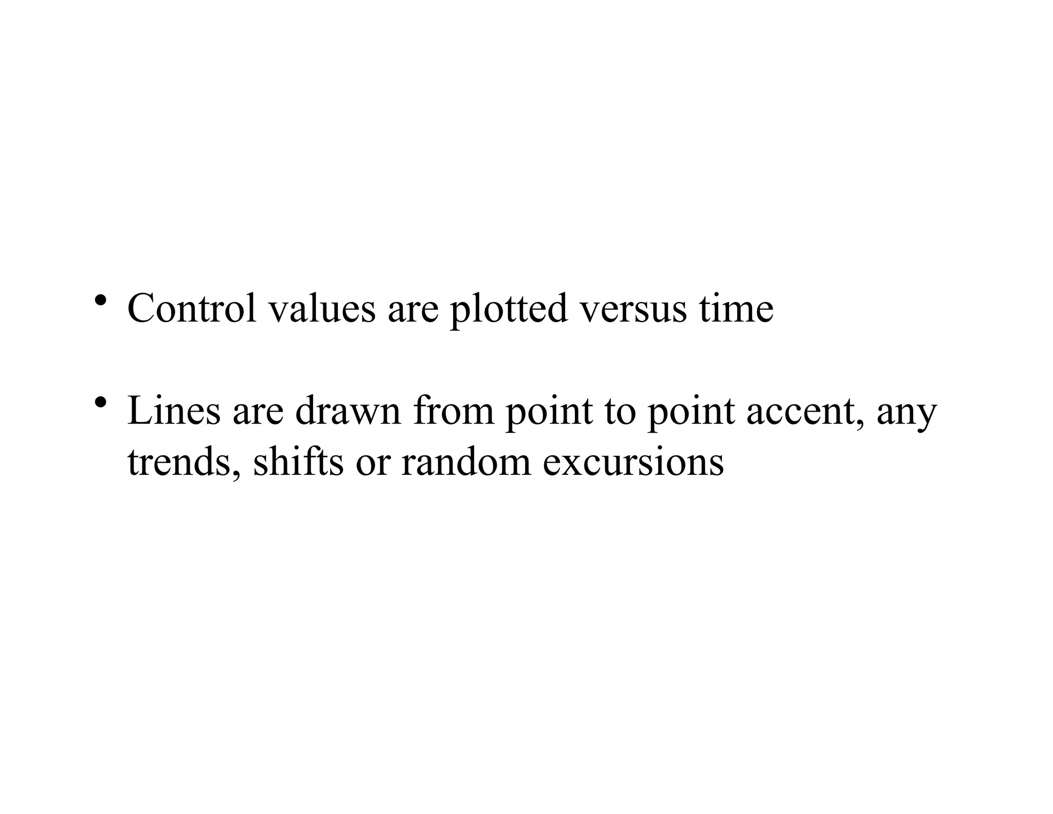 • Control values are plotted versus time
• Lines are drawn from point to point accent, any
trends, shifts or random excursions
 