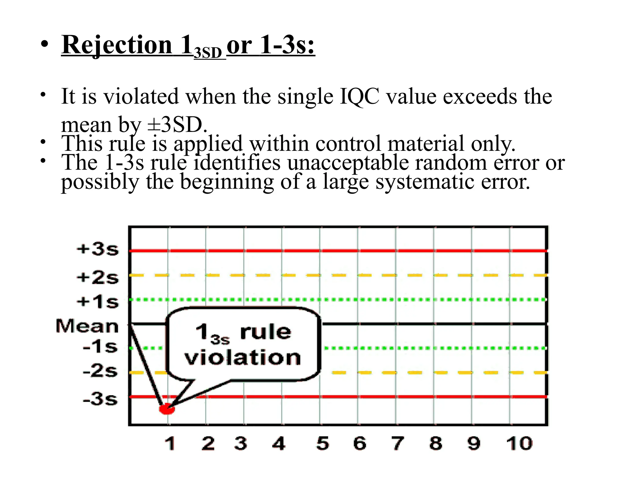 • Rejection 13SD or 1-3s:
• It is violated when the single IQC value exceeds the
mean by ±3SD.
• This rule is applied within control material only.
• The 1-3s rule identifies unacceptable random error or
possibly the beginning of a large systematic error.
 