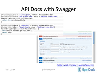 API Docs with Swagger 
10/11/2014 @danielbryantuk 
helloreverb.com/developers/swagger 
 