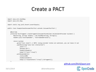Create a PACT 
10/11/2014 @danielbryantuk 
github.com/DiUS/pact-jvm 
 