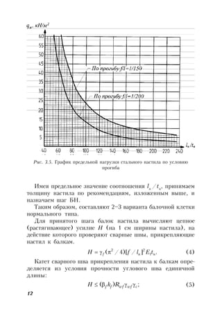 12
Имея предельное значение соотношения lн
/tн
, принимаем
толщину настила по рекомендациям, изложенным выше, и
назначаем шаг БН.
Таким образом, составляют 2–3 варианта балочной клетки
нормального типа.
Для принятого шага балок настила вычисляют цепное
(растягивающее) усилие H (на 1 см ширины настила), на
действие которого проверяют сварные швы, прикрепляющие
настил к балкам.
.]/)[4/( н1
2
н
2
tElfH f  (4)
Катет сварного шва прикрепления настила к балкам опре-
деляется из условия прочности углового шва единичной
длины:
;)( cwfwfff RkH  (5)
Рис. 3.5. График предельной нагрузки стального настила по условию
прогиба
 