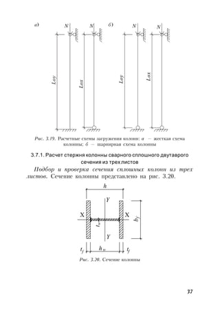 37
а) б)
Loy
LoxLox
LoxLox
LoyLoy
NN NN N
Рис. 3.19. Расчетные схемы загружения колонн: а — жесткая схема
колонны; б — шарнирная схема колонны
3.7.1. Расчет стержня колонны сварного сплошного двутаврого
сечения из трех листов
Подбор и проверка сечения сплошных колонн из трех
листов. Сечение колонны представлено на рис. 3.20.
b
t h t
h
tw
f
wf f
Y
Y
X X
Рис. 3.20. Сечение колонны
а) б)
 